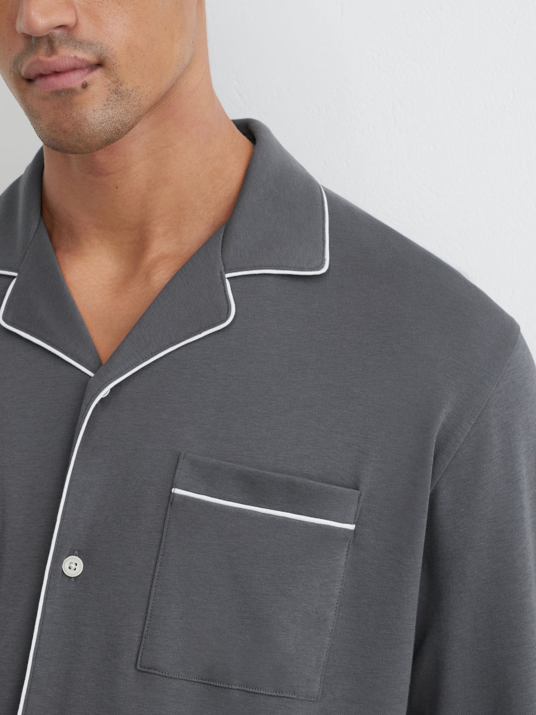 Cotton Jersey Piped Pyjama Set in Light Charcoal Grey - Image 5 of 7