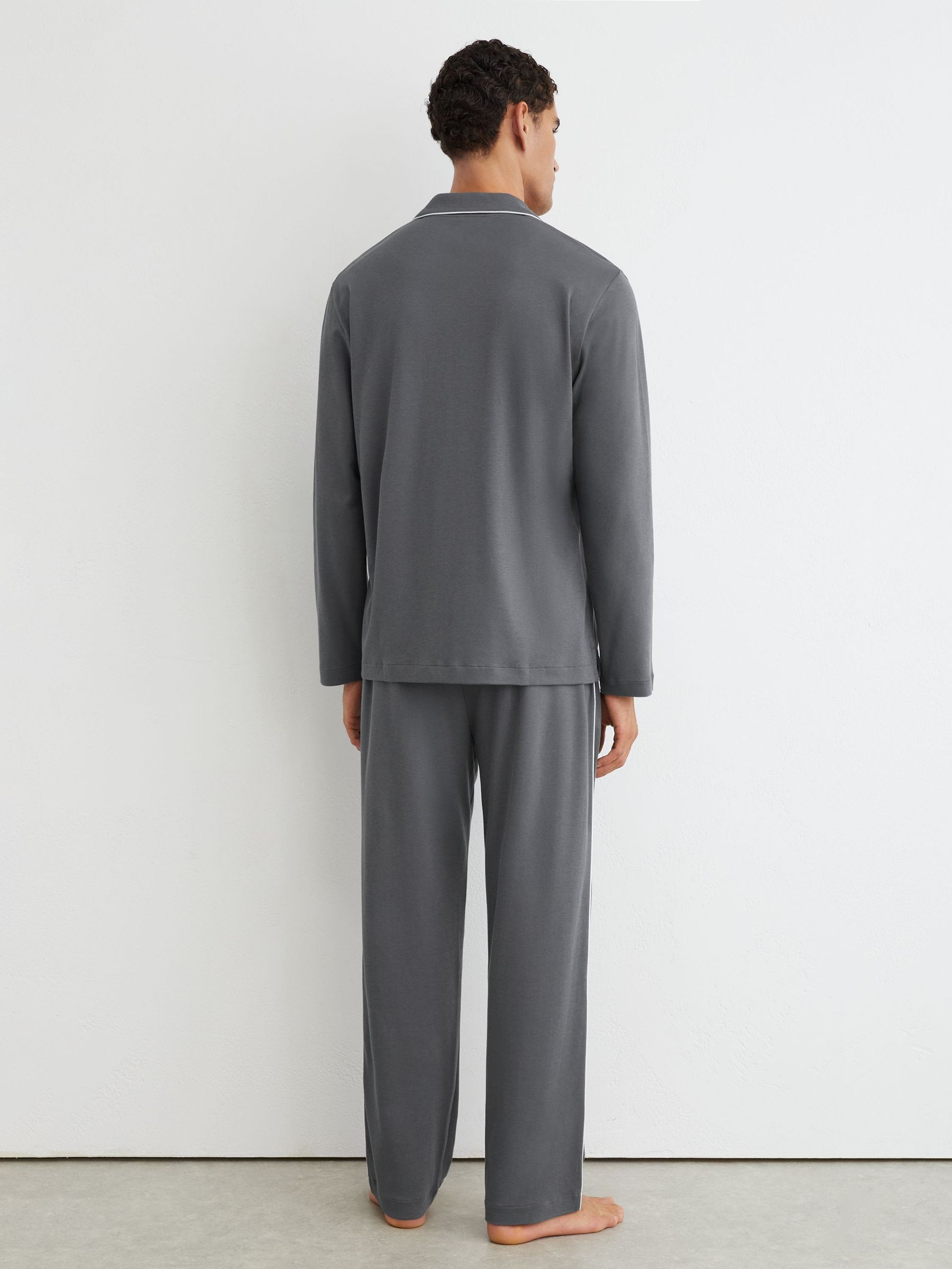 Cotton Jersey Piped Pyjama Set in Light Charcoal Grey - Image 6 of 7