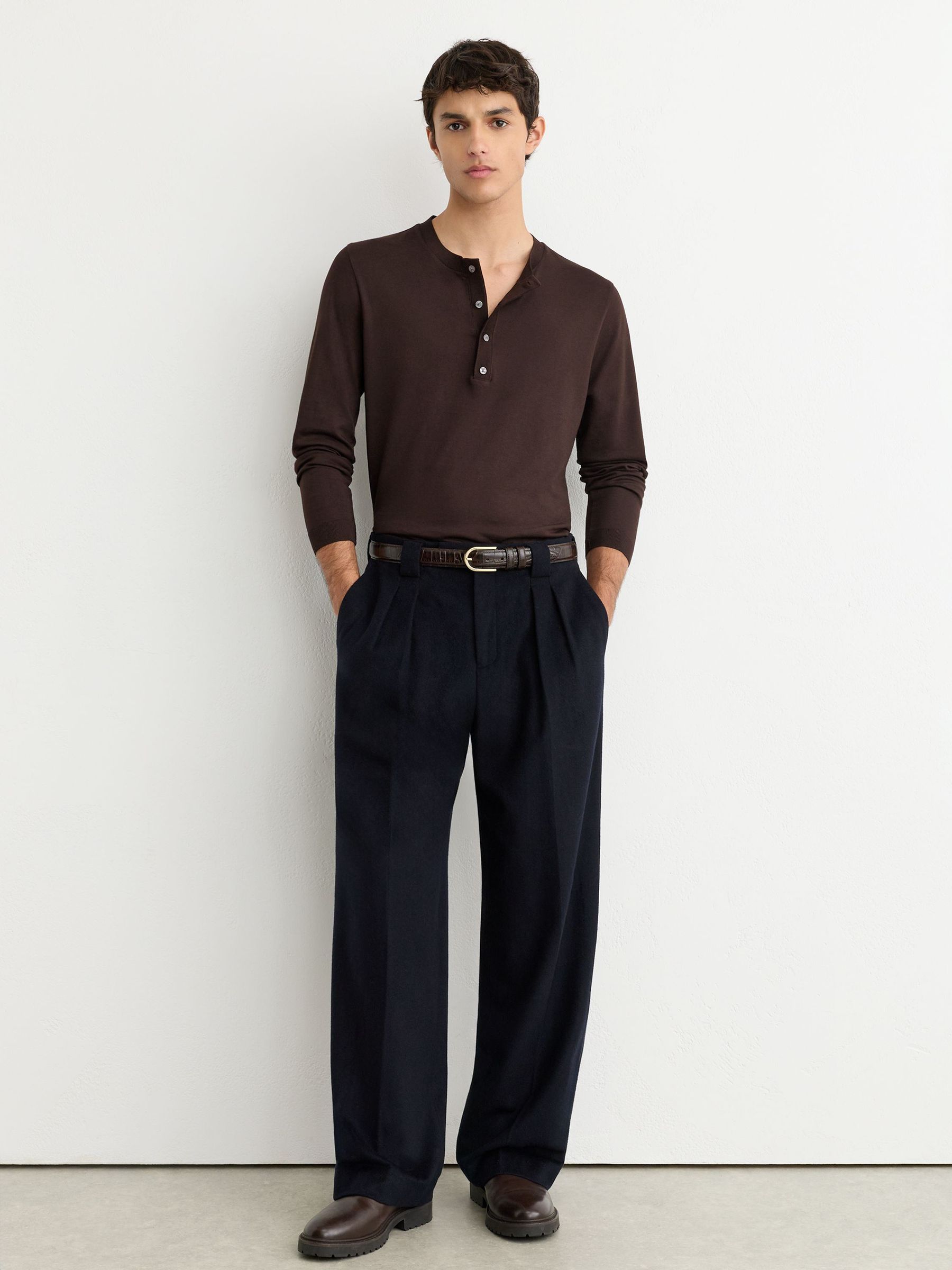 Cotton-Modal Long-Sleeve Henley T-Shirt in Dark Brown - Image 3 of 7