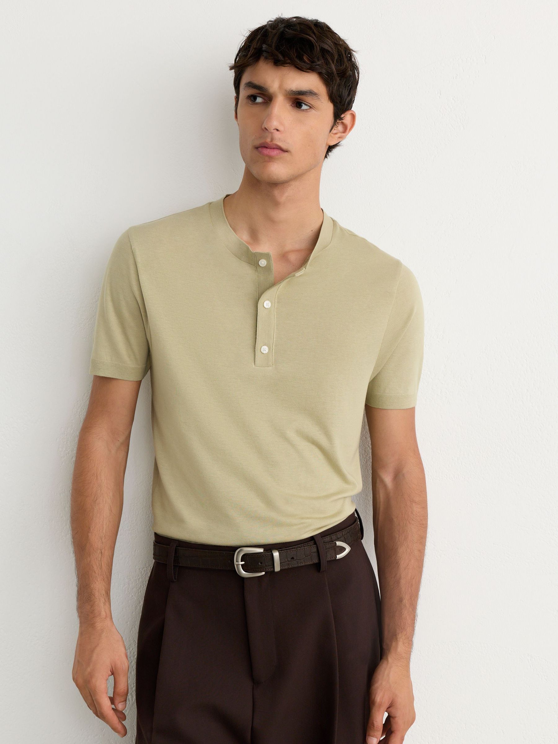 Cotton-Modal Tailored-Fit Henley T-Shirt in Green - Image 1 of 6 Cotton-Modal Tailored-Fit Henley T-Shirt in Green - Image 1 of 6