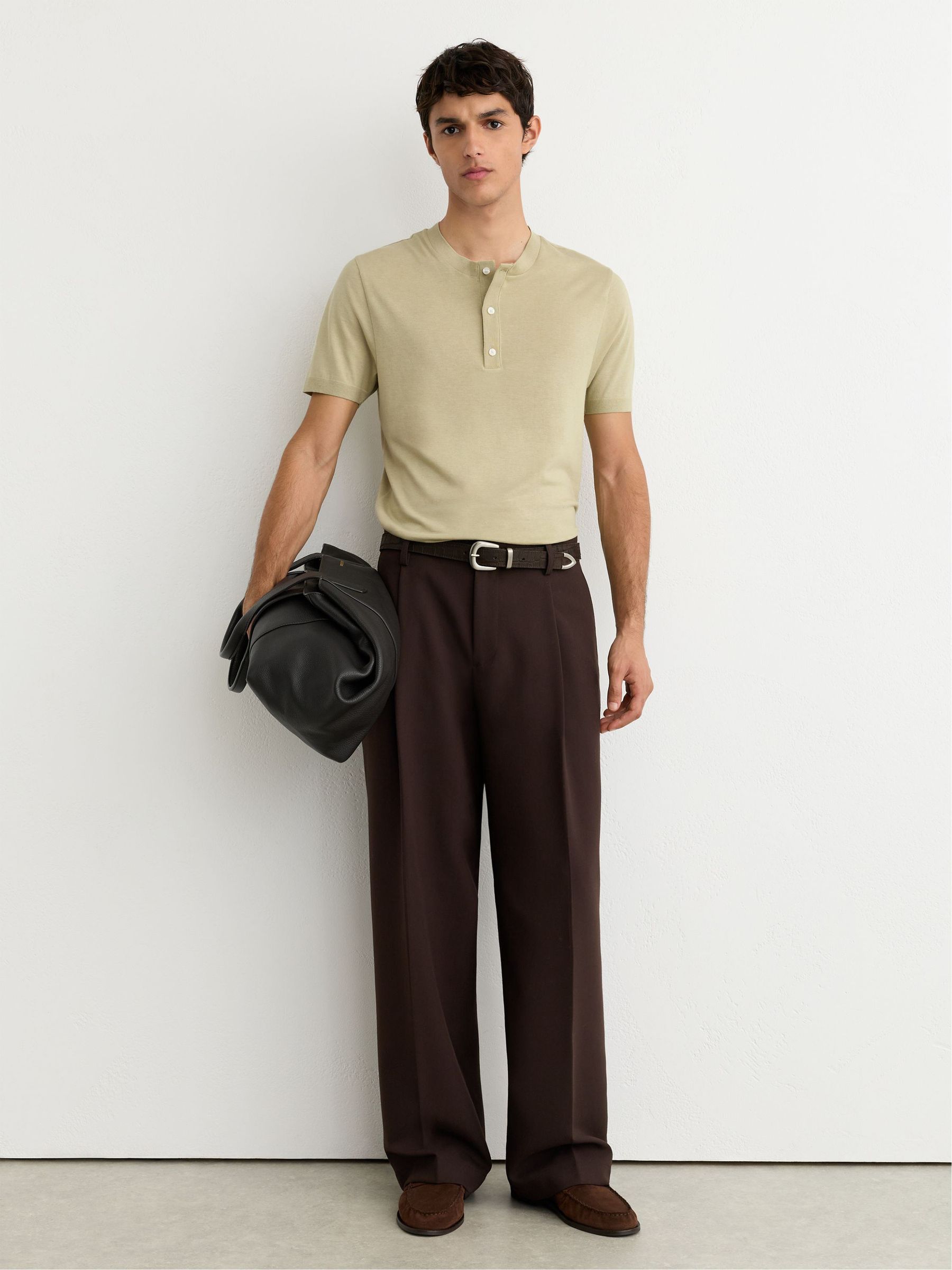 Cotton-Modal Tailored-Fit Henley T-Shirt in Green - Image 3 of 6