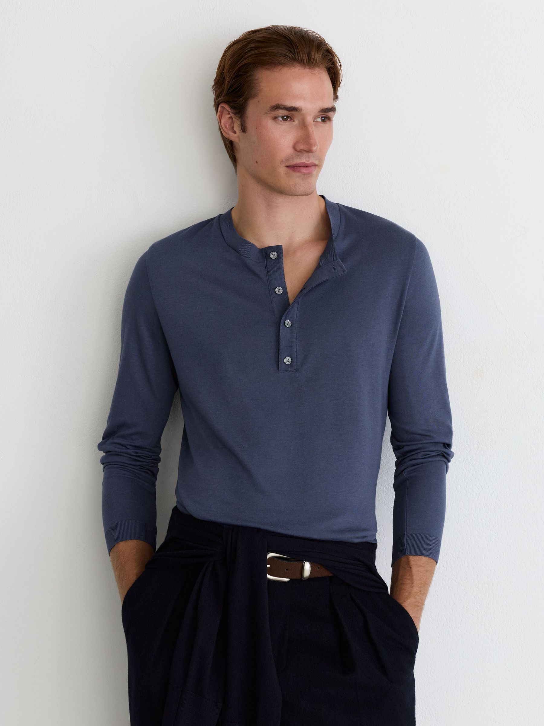 Cotton-Modal Long-Sleeve Henley T-Shirt in Airforce Blue - Image 3 of 6