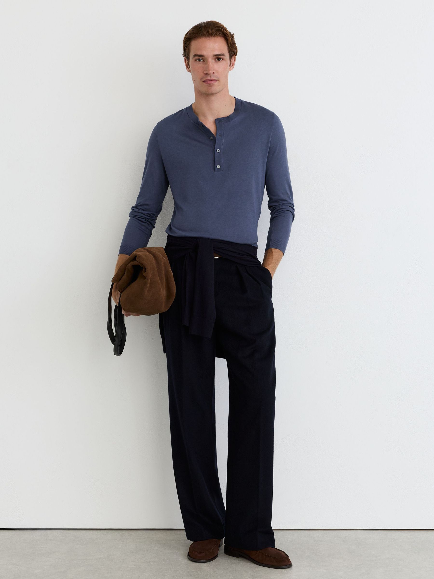 Cotton-Modal Long-Sleeve Henley T-Shirt in Airforce Blue - Image 4 of 6