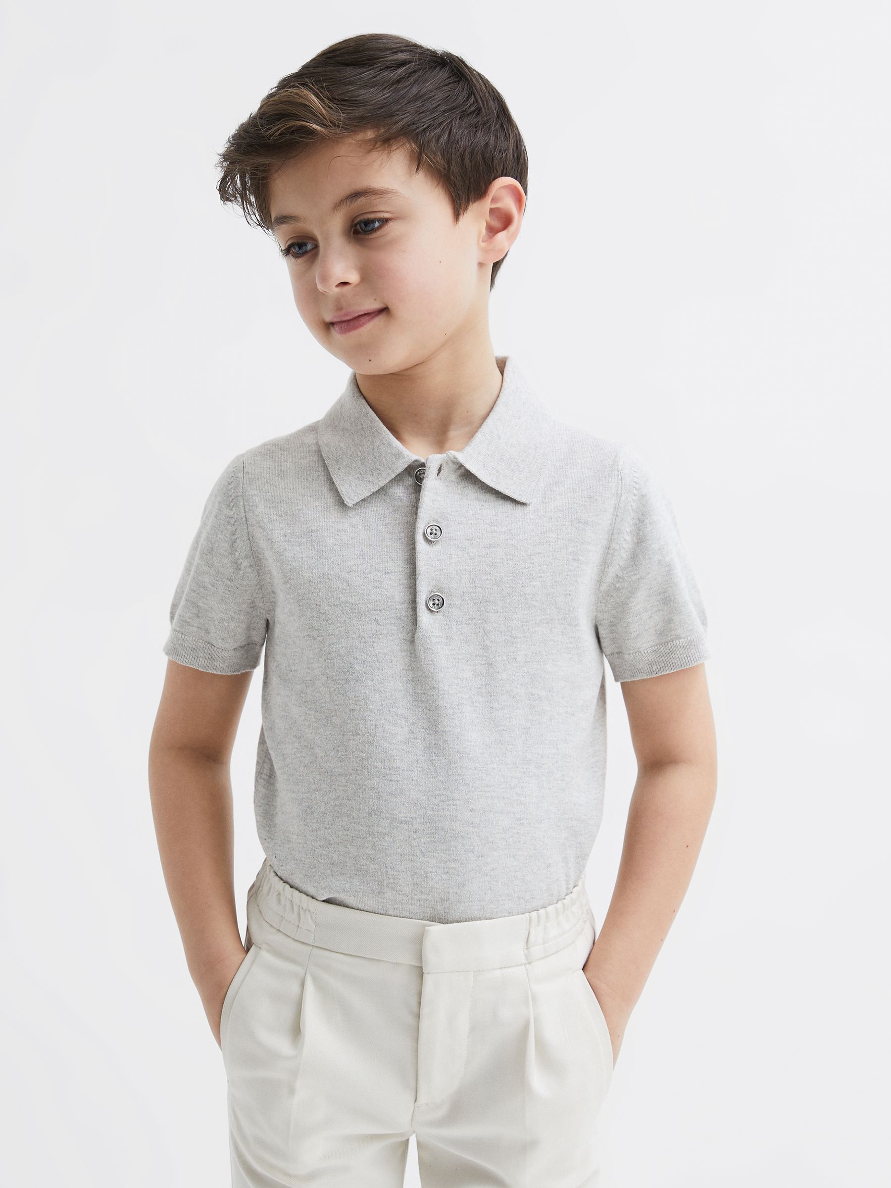 Knitted Polo Shirt in Grey Melange - Image 4 of 7
