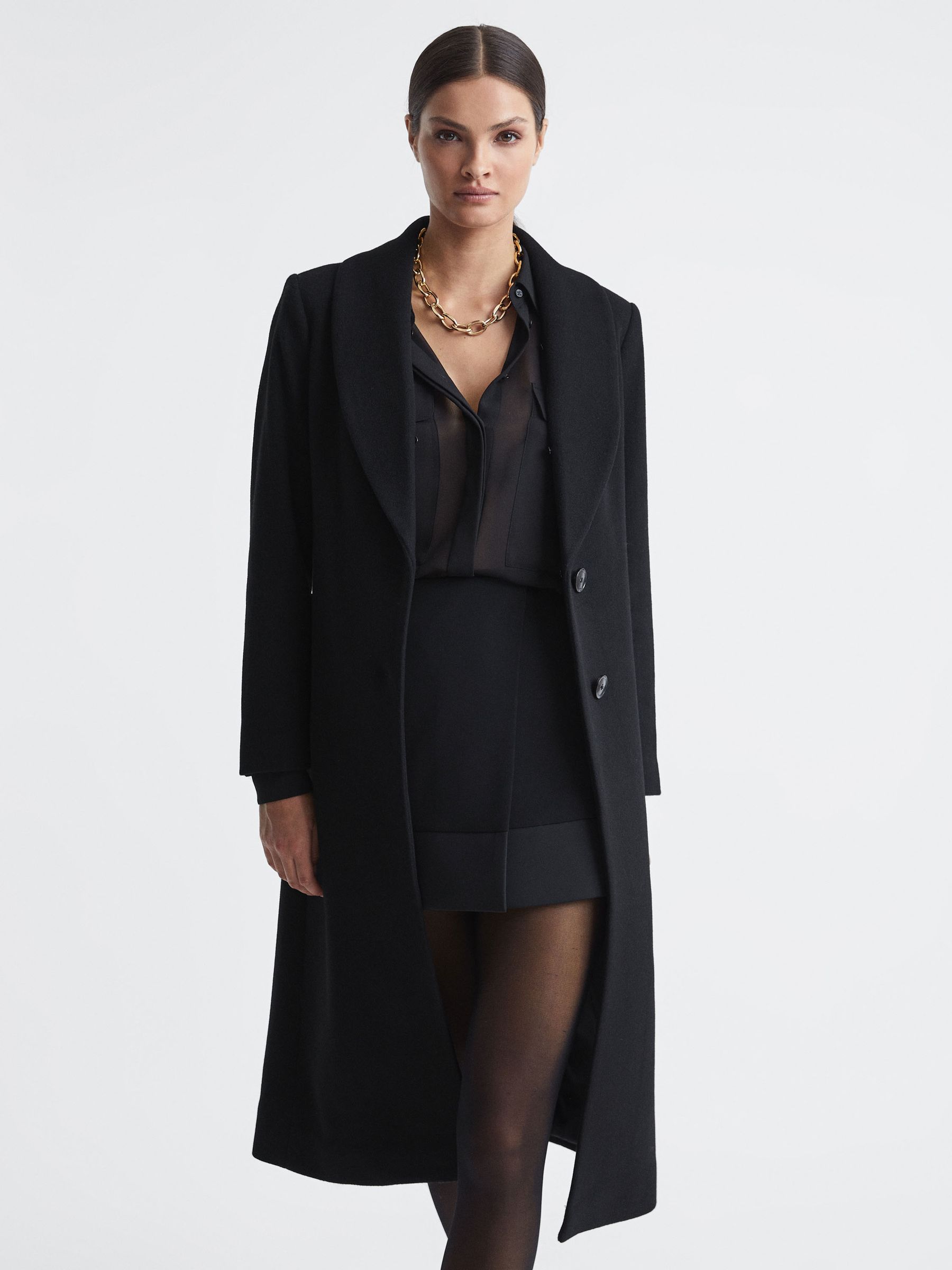 Wool Blend Removable Faux Fur Collar Coat in Black - Image 3 of 6
