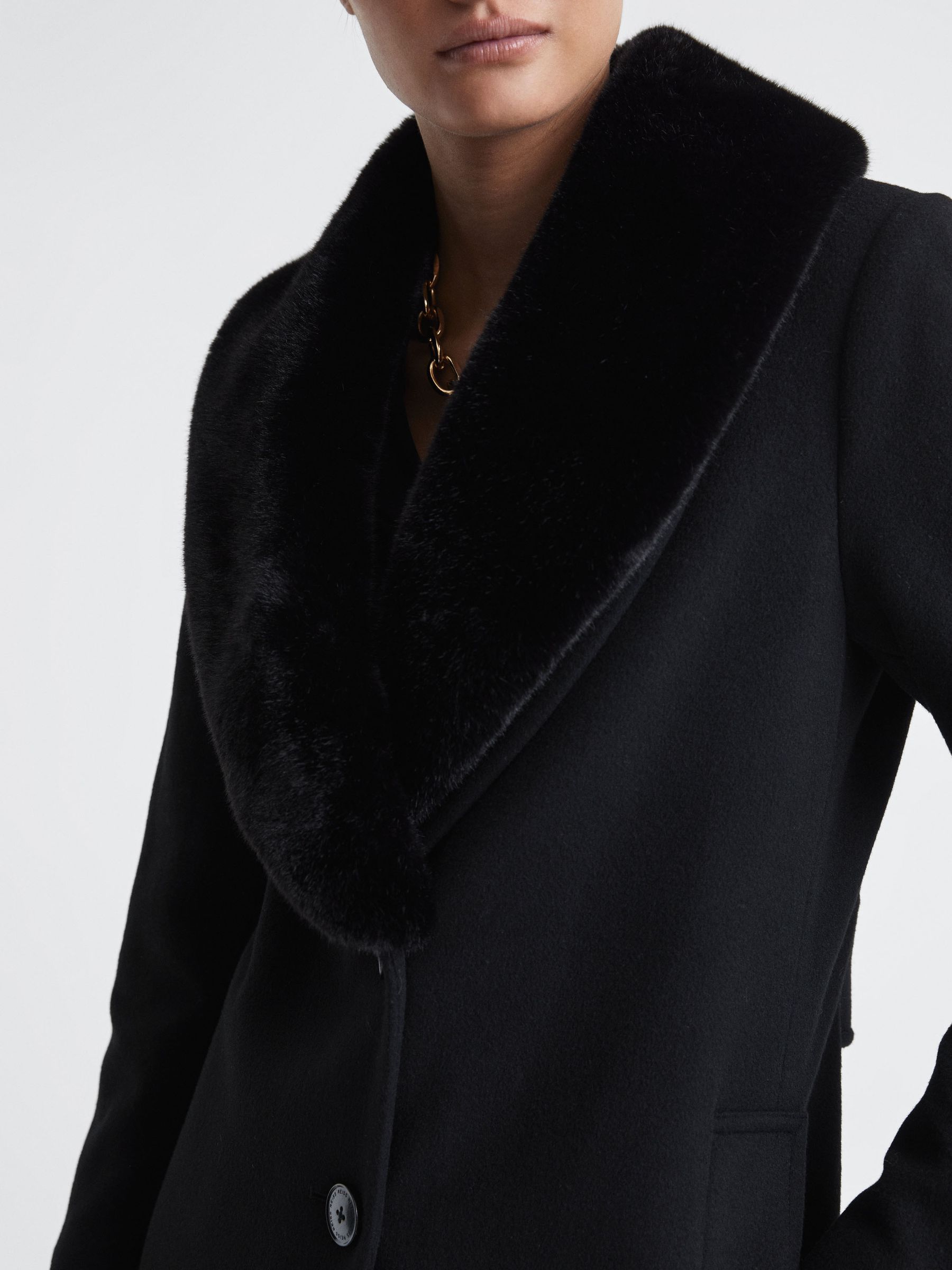 Wool Blend Removable Faux Fur Collar Coat in Black - Image 4 of 6