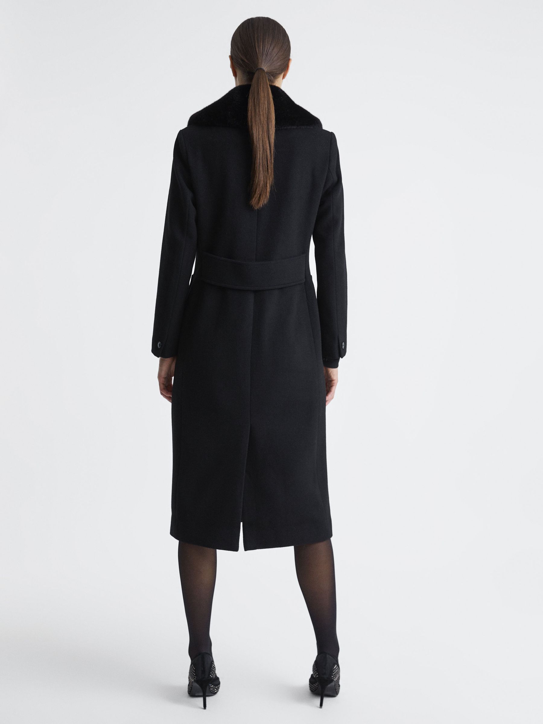 Wool Blend Removable Faux Fur Collar Coat in Black - Image 5 of 6