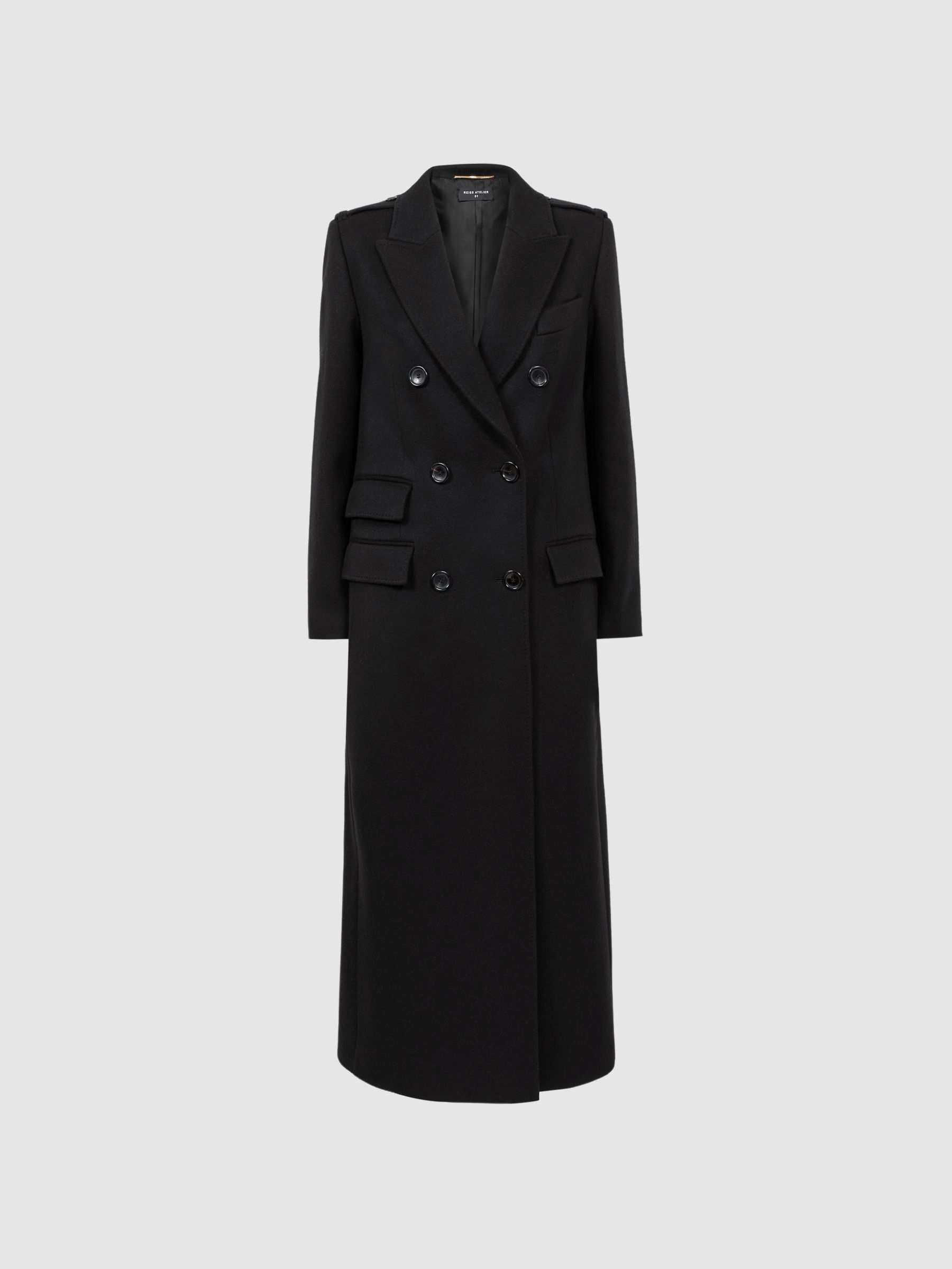 Atelier Wool-Cashmere Blend Double Breasted Long Coat in Black - Image 2 of 5