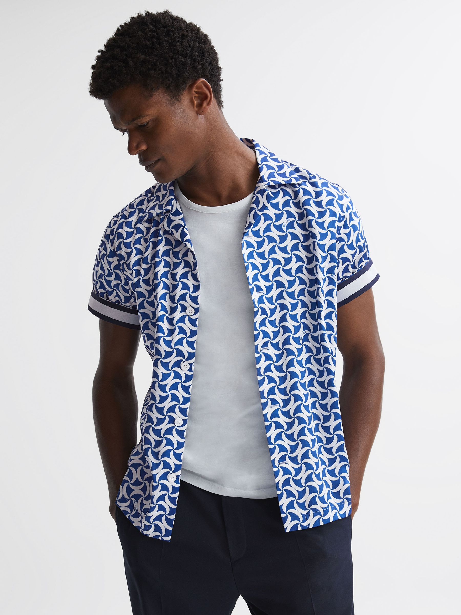 Reiss Ché Printed Cuban Collar Button-Through Shirt in Bright Blue/White - Image 1 of 6