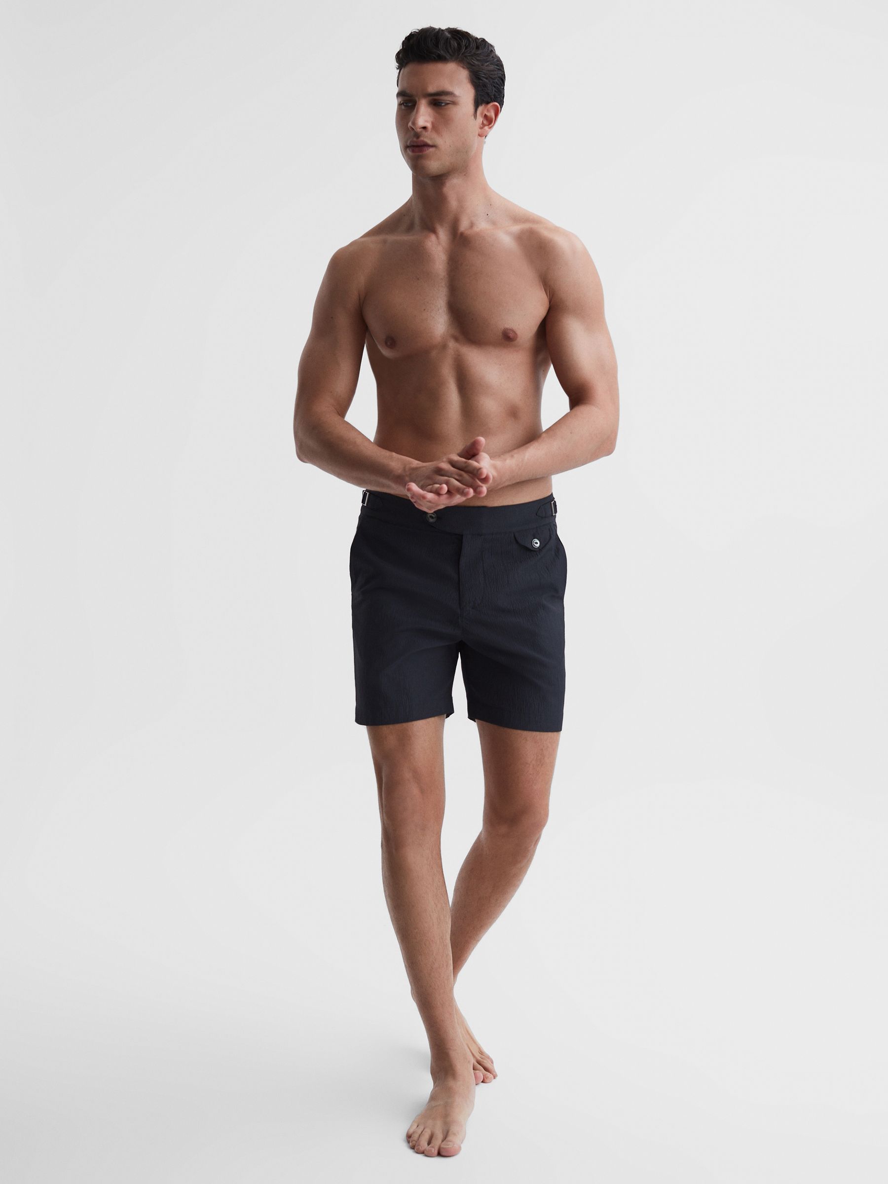 Hemingsworth Side Adjuster Swim Shorts in Navy Stripe - Image 1 of 5