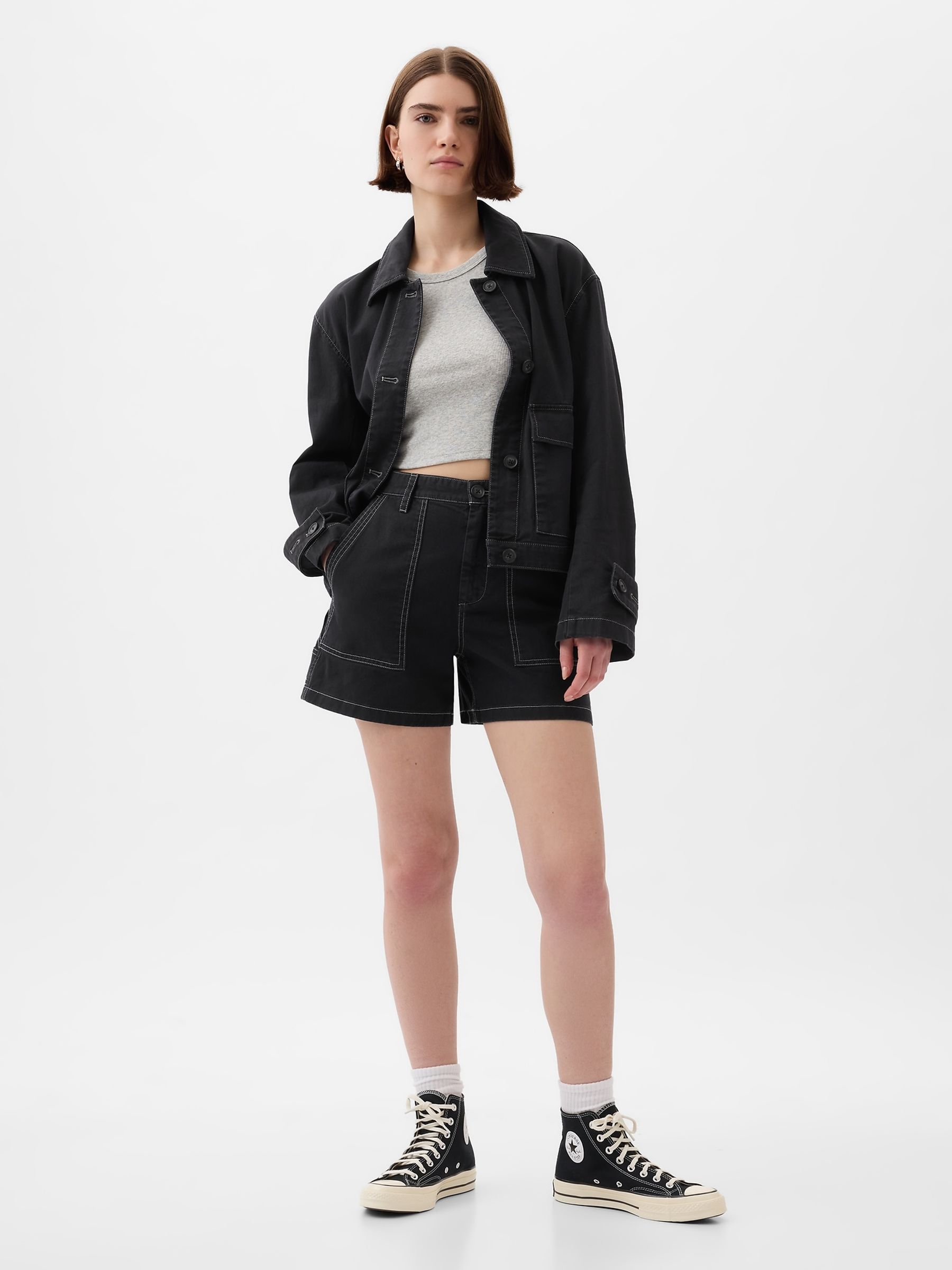 Black Cotton Twill Carpenter Shorts - Image 1 of 10