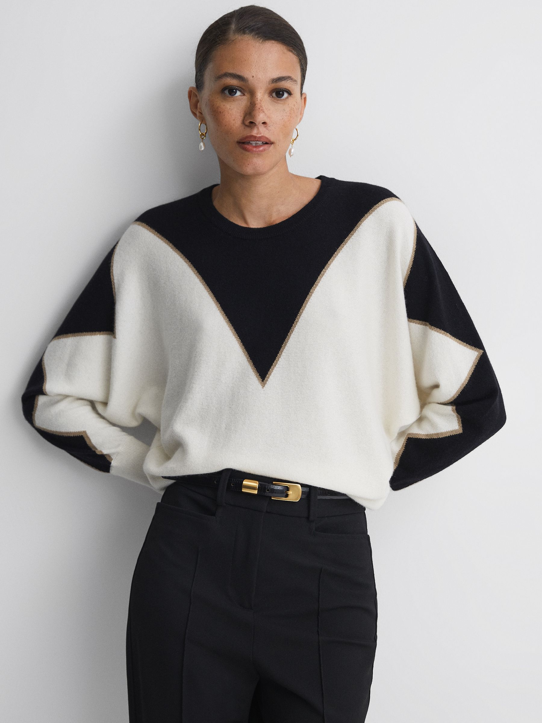 Cashmere-Wool Blend Crew Neck Jumper in Black/Ivory - Image 1 of 5