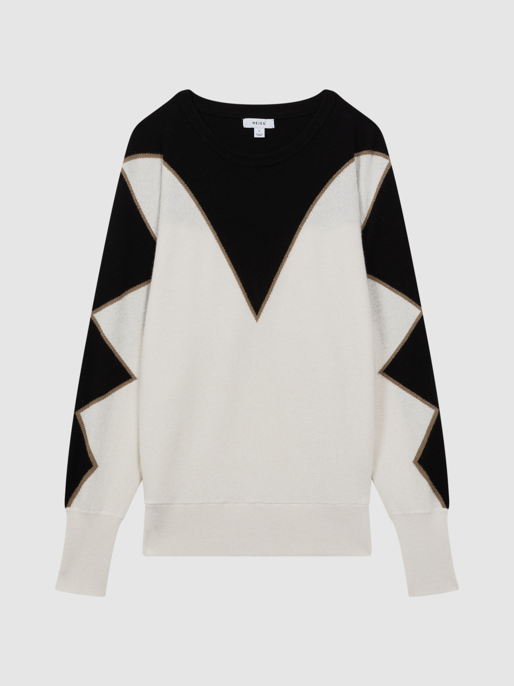 Cashmere-Wool Blend Crew Neck Jumper in Black/Ivory - Image 2 of 5