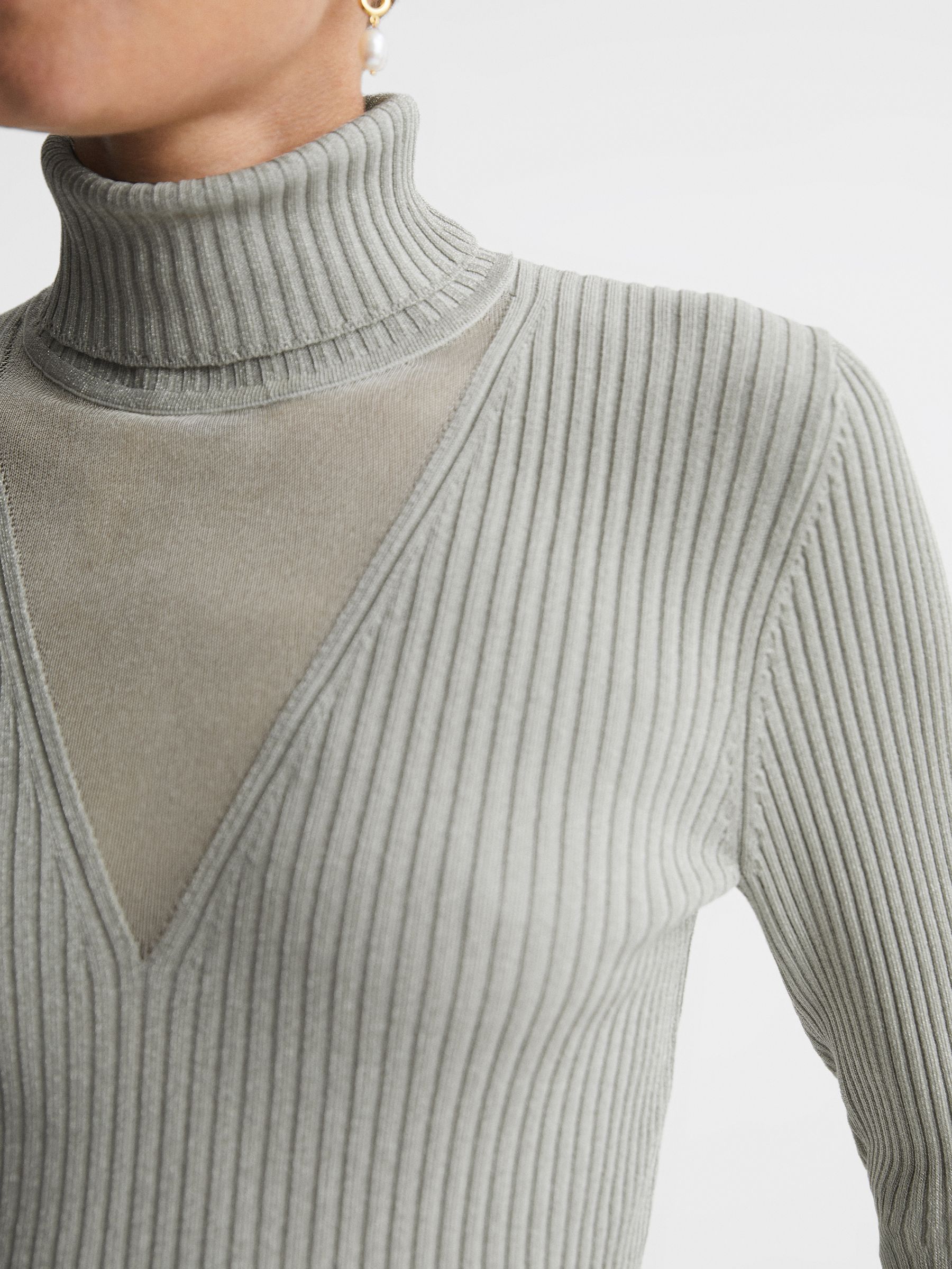 Metallic Ribbed Mesh Panel Funnel Neck Top in Silver - Image 4 of 6