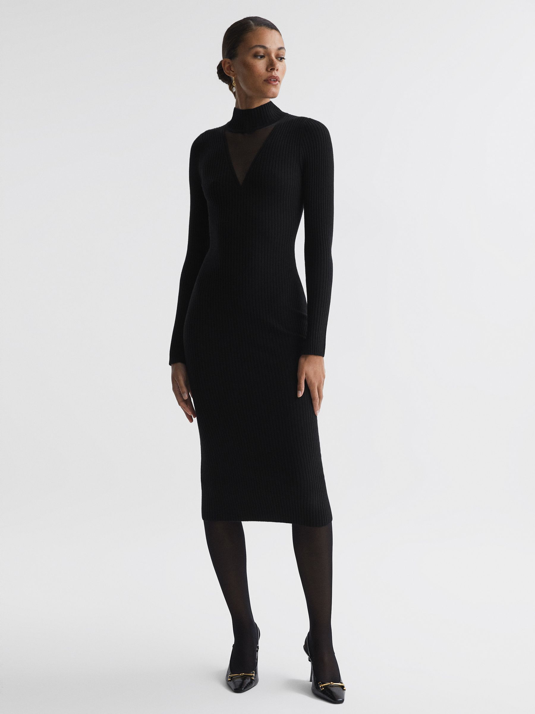 Ribbed Mesh Panel Bodycon Midi Dress in Black - Image 1 of 5