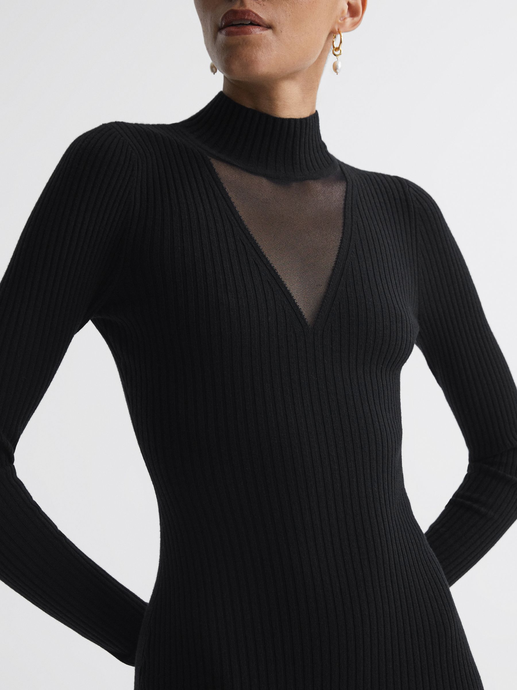 Ribbed Mesh Panel Bodycon Midi Dress in Black - Image 4 of 5