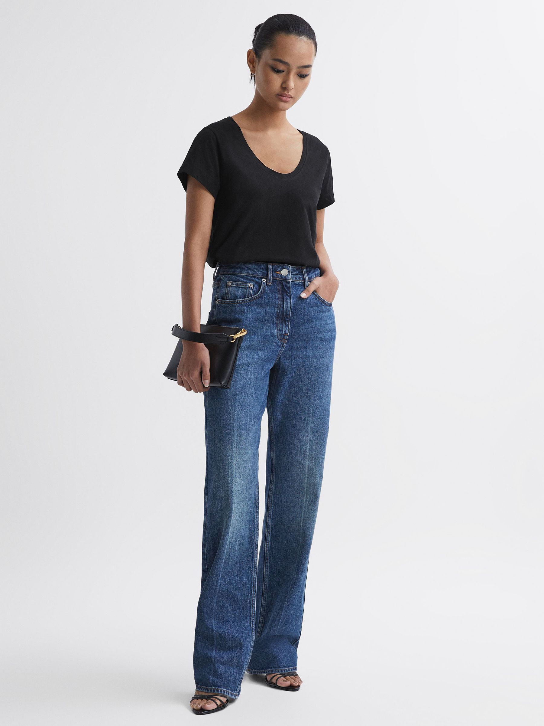 Cotton Scoop Neck T-Shirt in Black - Image 1 of 4