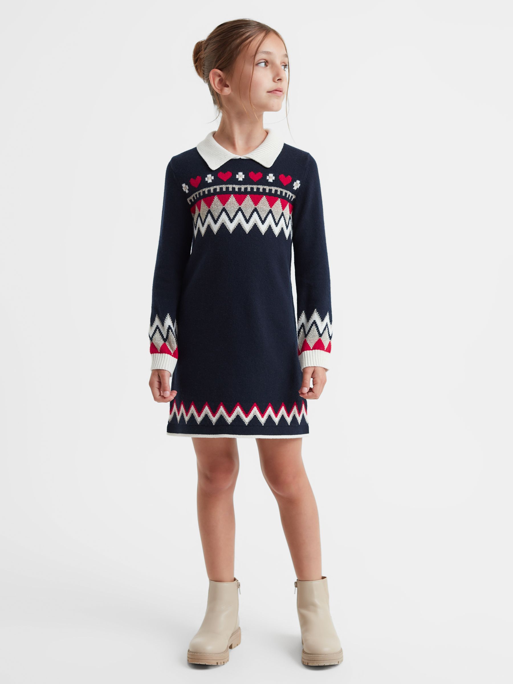 Junior Fairisle Pattern Knitted Dress in Navy - Image 1 of 6