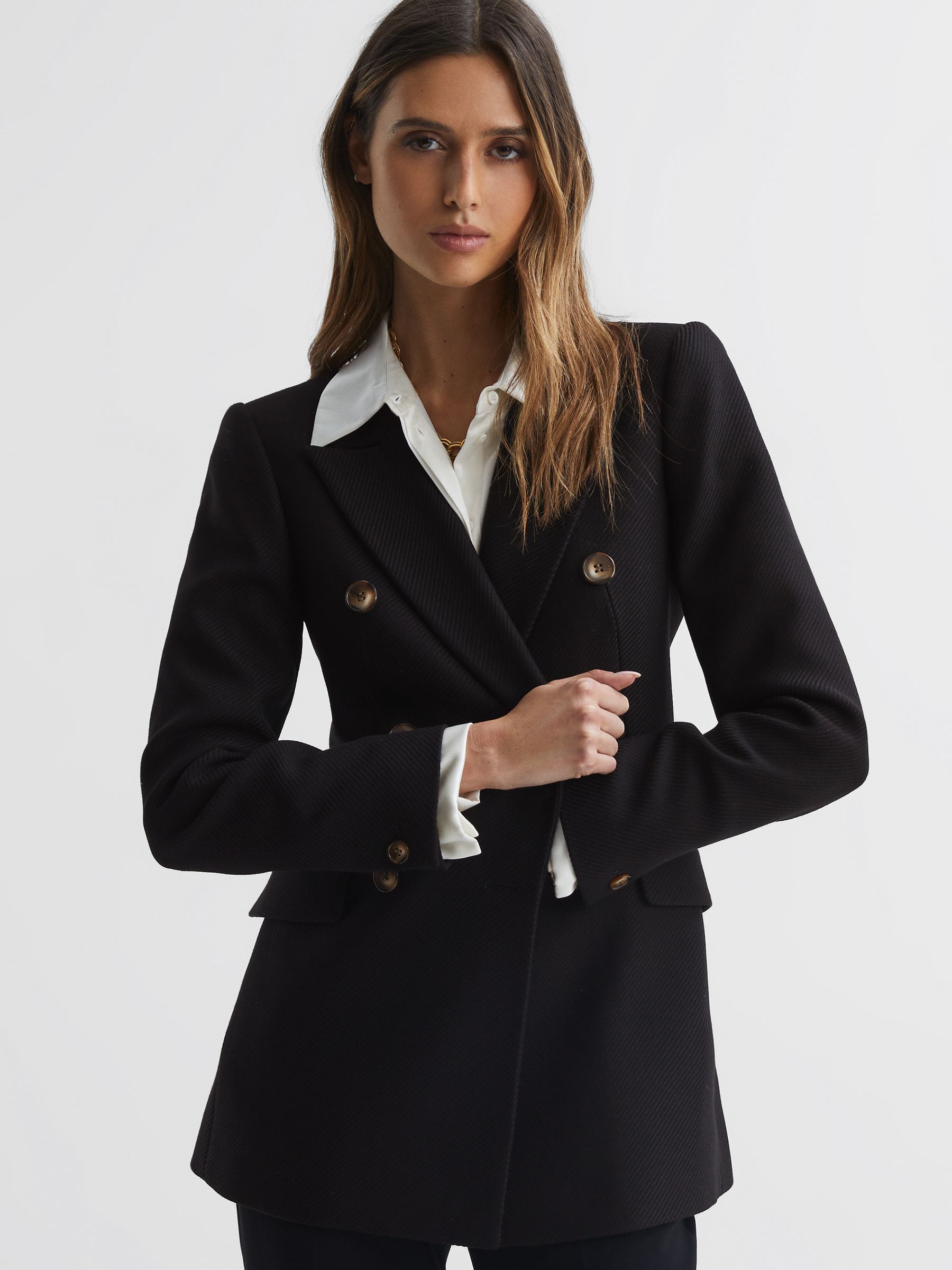 Petite Double Breasted Twill Blazer in Black - Image 1 of 7