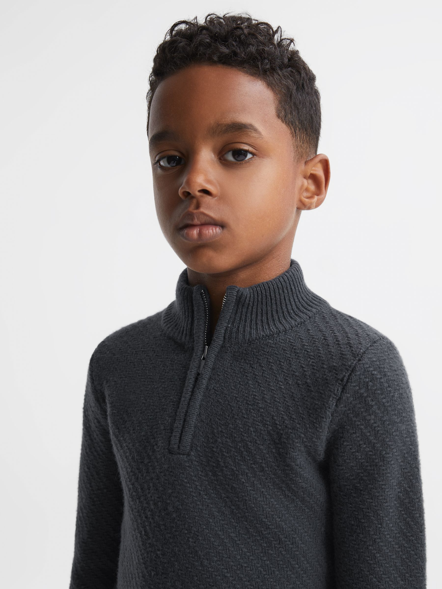 3-9 yrs Slim Fit Knitted Half-Zip Funnel Neck Jumper in Anthracite Grey - Image 1 of 5