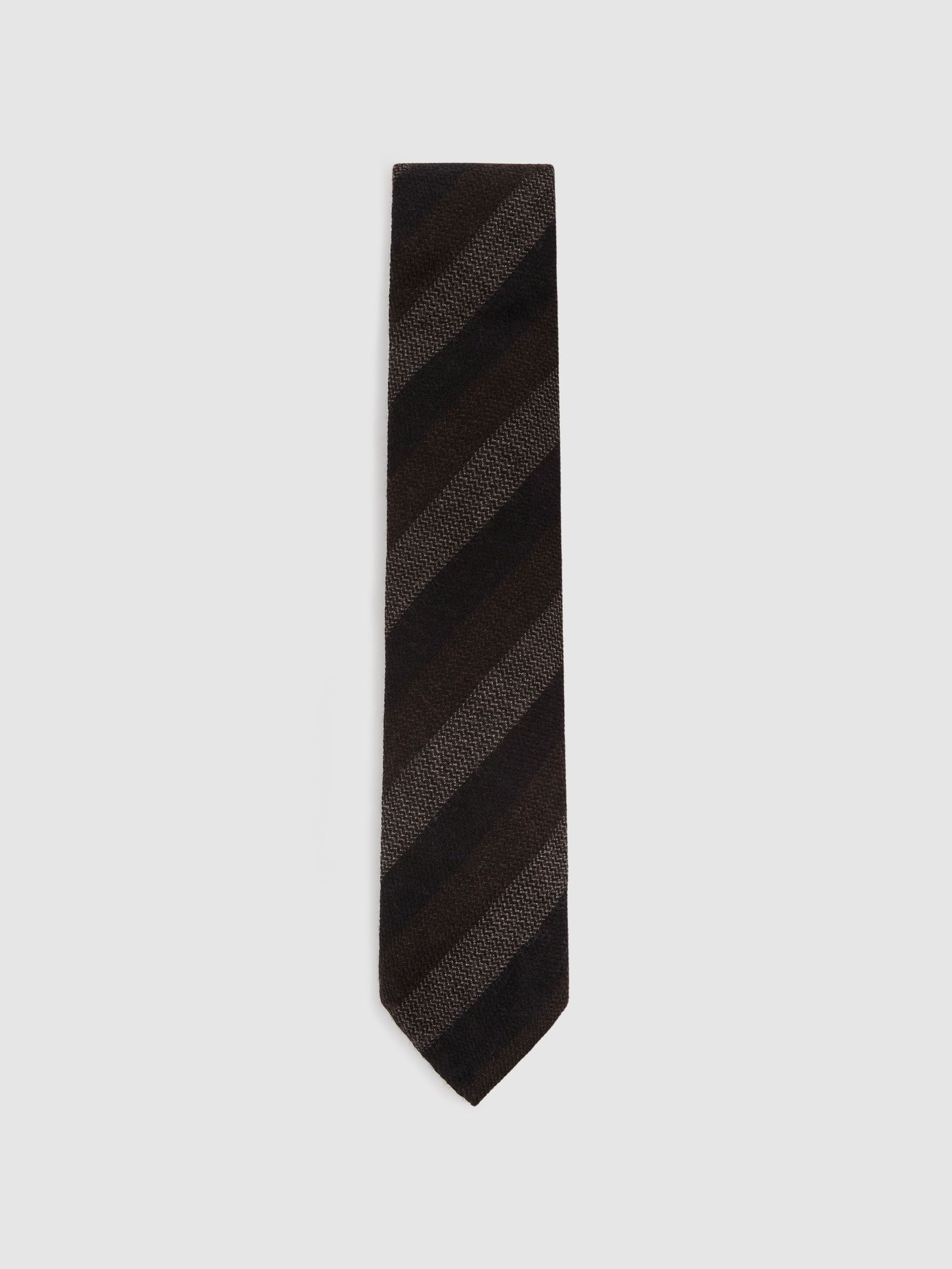 Wool Striped Unlined Tie in Brown/Navy/Grey - Image 2 of 5 Wool Striped Unlined Tie in Brown/Navy/Grey - Image 2 of 5