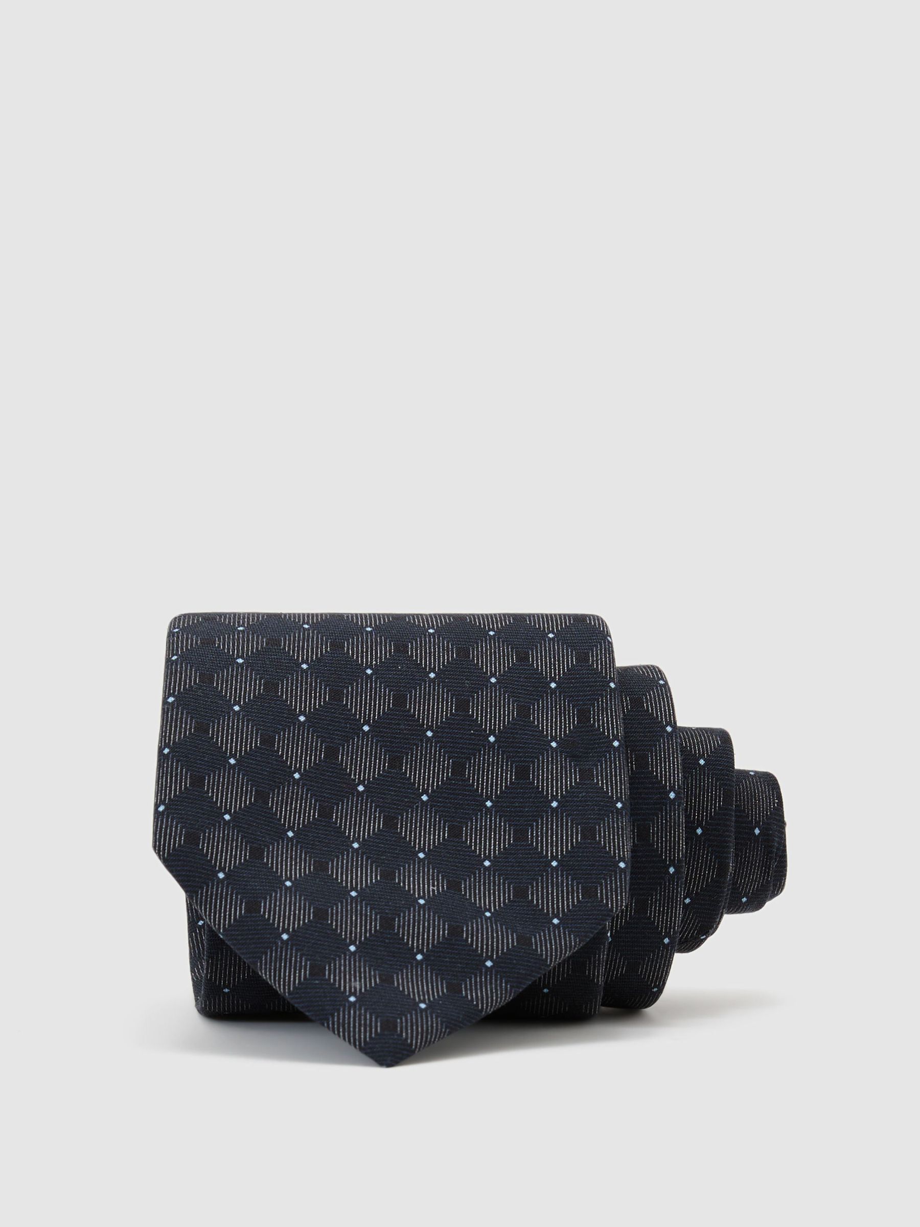 Silk-Blend Woven Tonal Diamond Tie in Navy - Image 2 of 5 Silk-Blend Woven Tonal Diamond Tie in Navy - Image 2 of 5