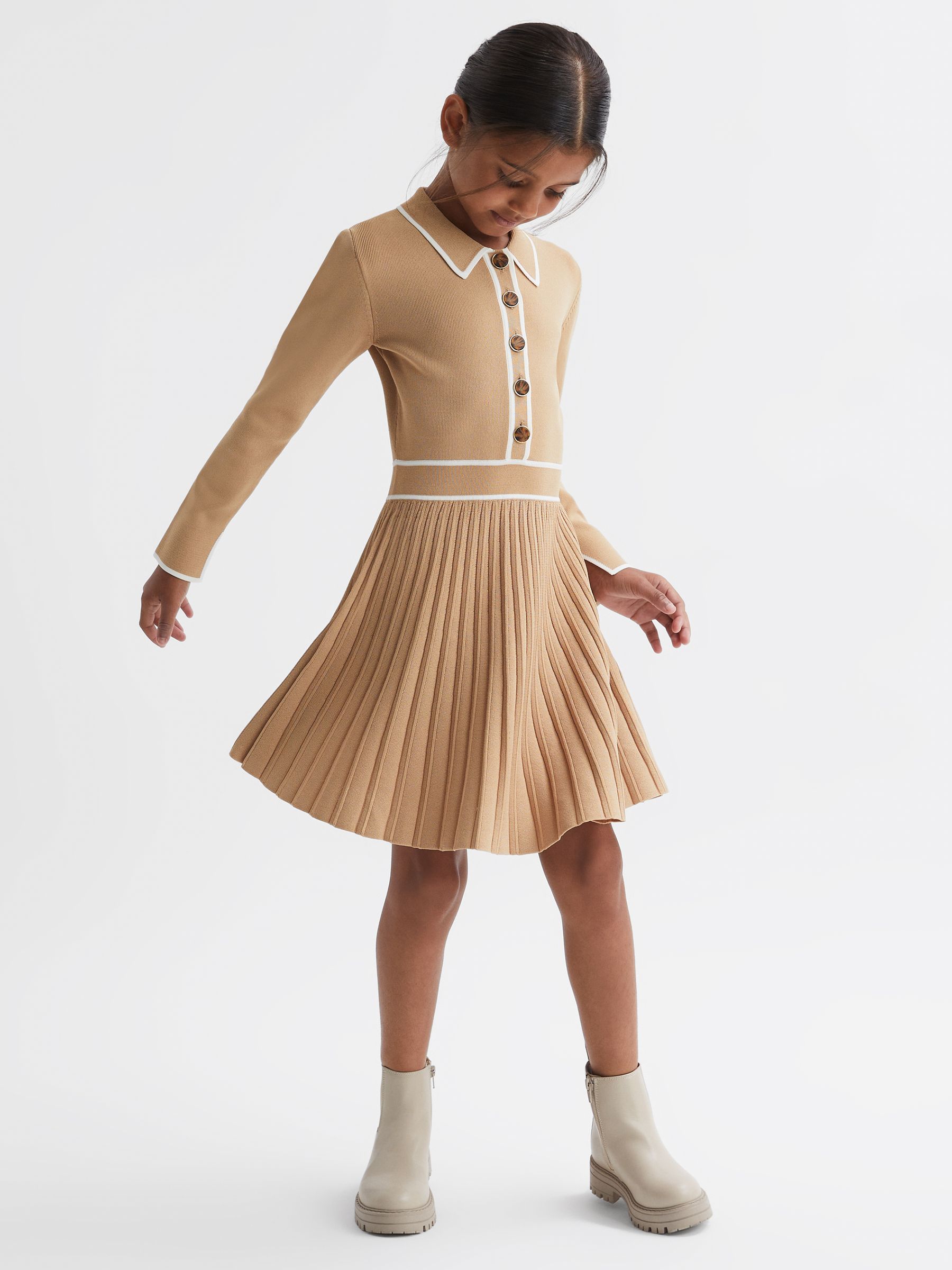 4-9 yrs Knitted Polo Skater Dress in Camel - Image 1 of 6 4-9 yrs Knitted Polo Skater Dress in Camel - Image 1 of 6