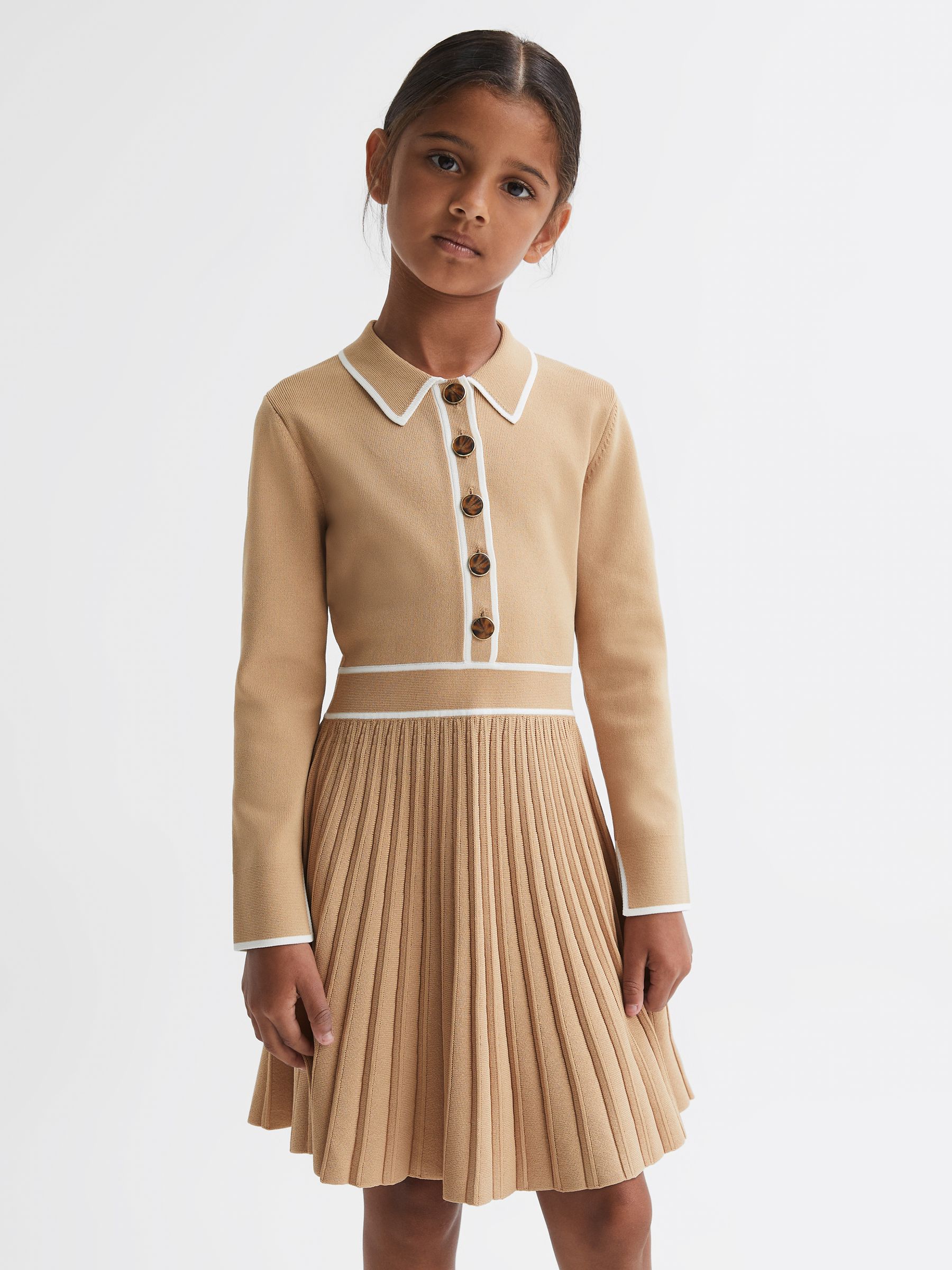4-9 yrs Knitted Polo Skater Dress in Camel - Image 3 of 6