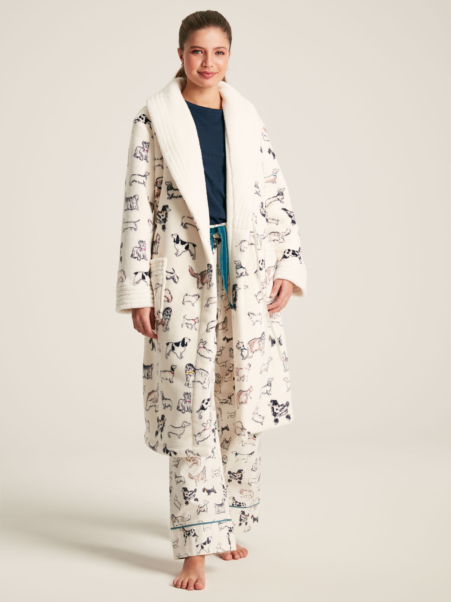 Matilda Cream Fleece Lined Striped Dressing Gown - Image 3 of 9