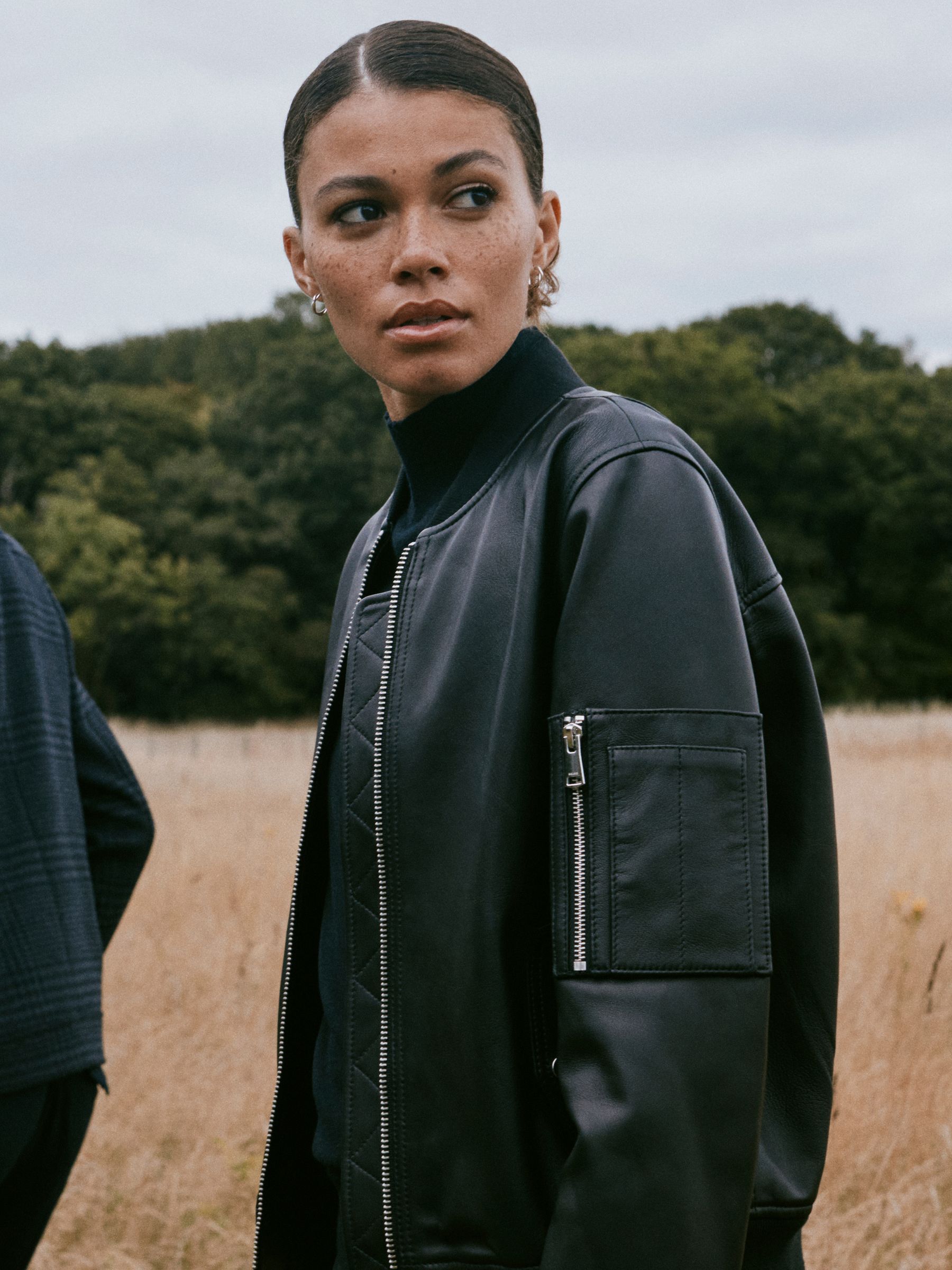 Leather Zip-Through Bomber Jacket in Black - Image 1 of 6