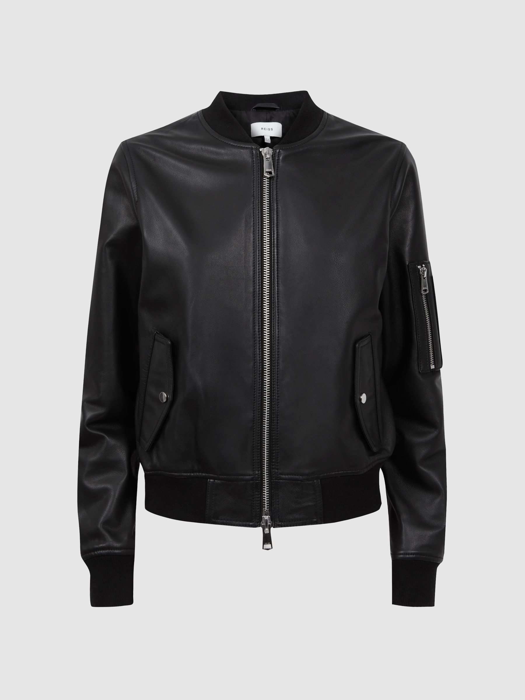 Leather Zip-Through Bomber Jacket in Black - Image 2 of 6
