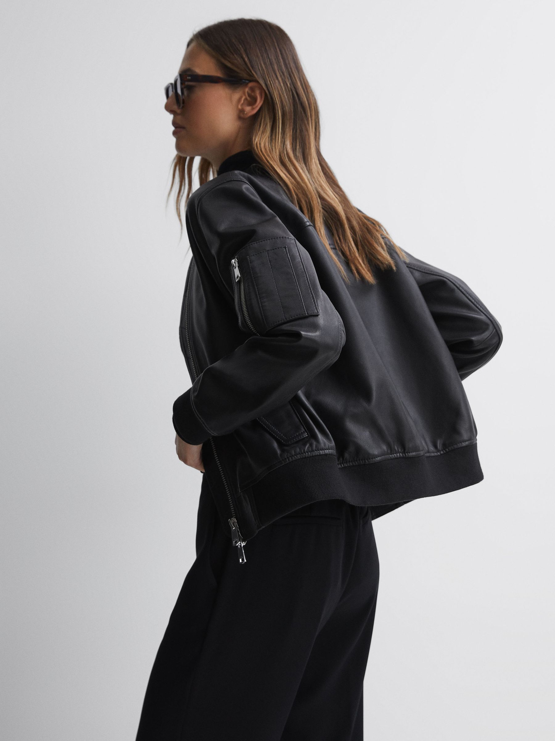 Leather Zip-Through Bomber Jacket in Black - Image 4 of 6