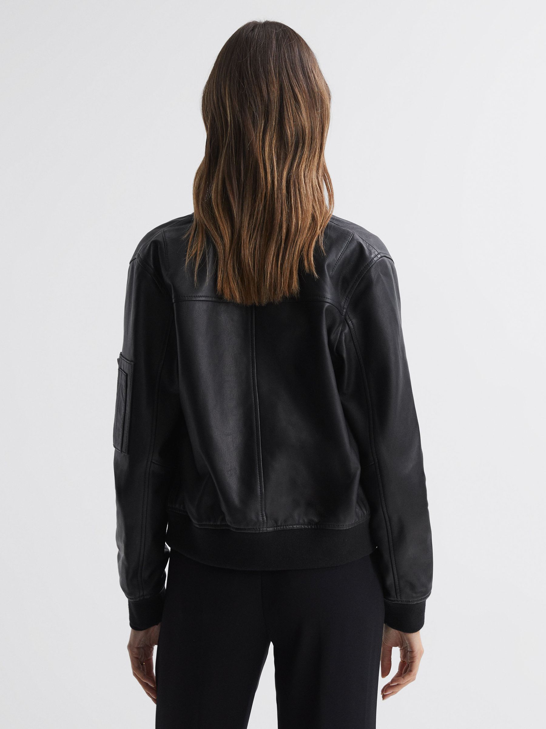 Leather Zip-Through Bomber Jacket in Black - Image 5 of 6