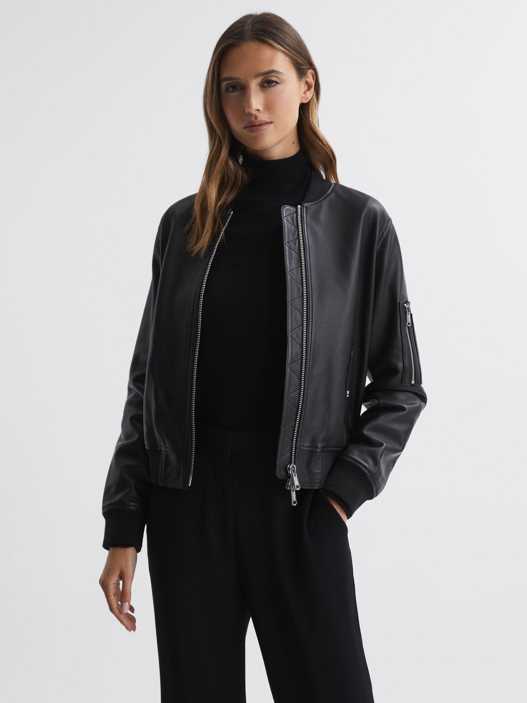 Leather Zip-Through Bomber Jacket in Black - Image 6 of 6