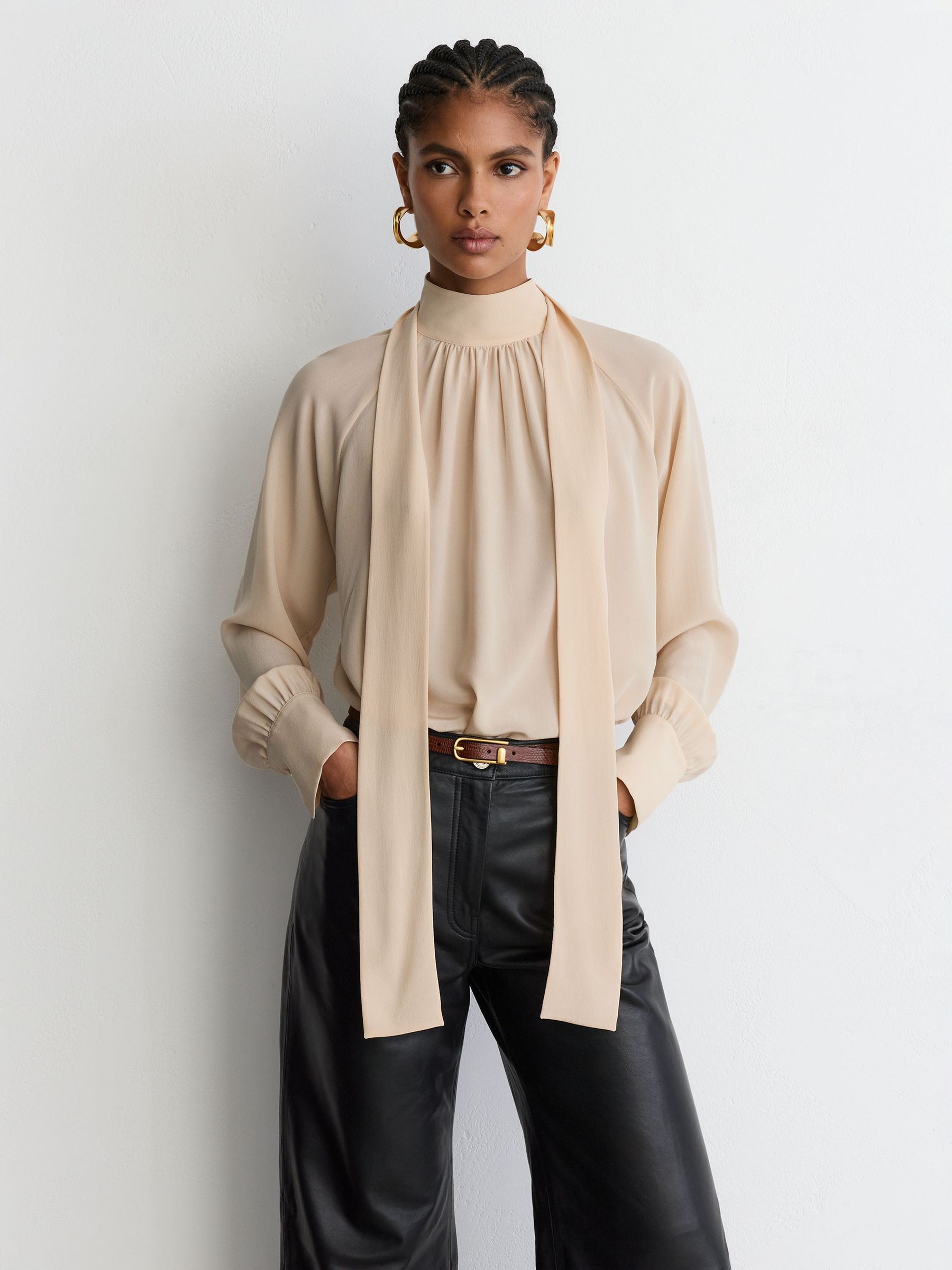 Silk Tie-Neck Long-Sleeve Blouse in Peach Orange by Reiss