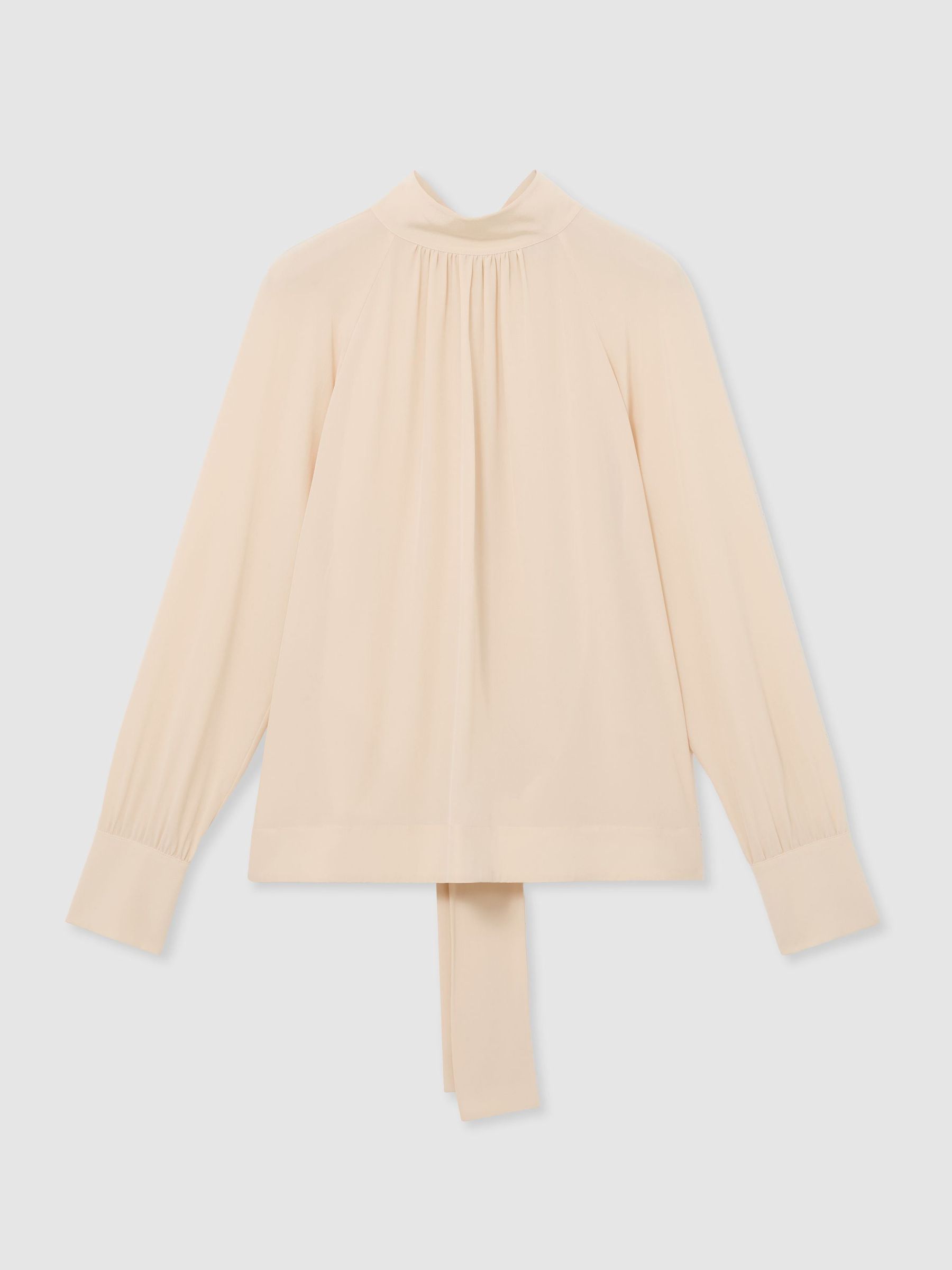 Silk Tie-Neck Long-Sleeve Blouse in Peach Orange - Image 2 of 8 Silk Tie-Neck Long-Sleeve Blouse in Peach Orange - Image 2 of 8