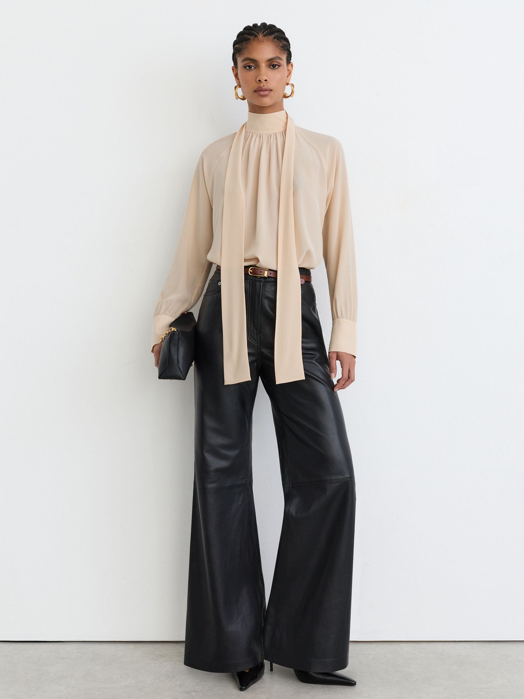 Silk Tie-Neck Long-Sleeve Blouse in Peach Orange - Image 3 of 8