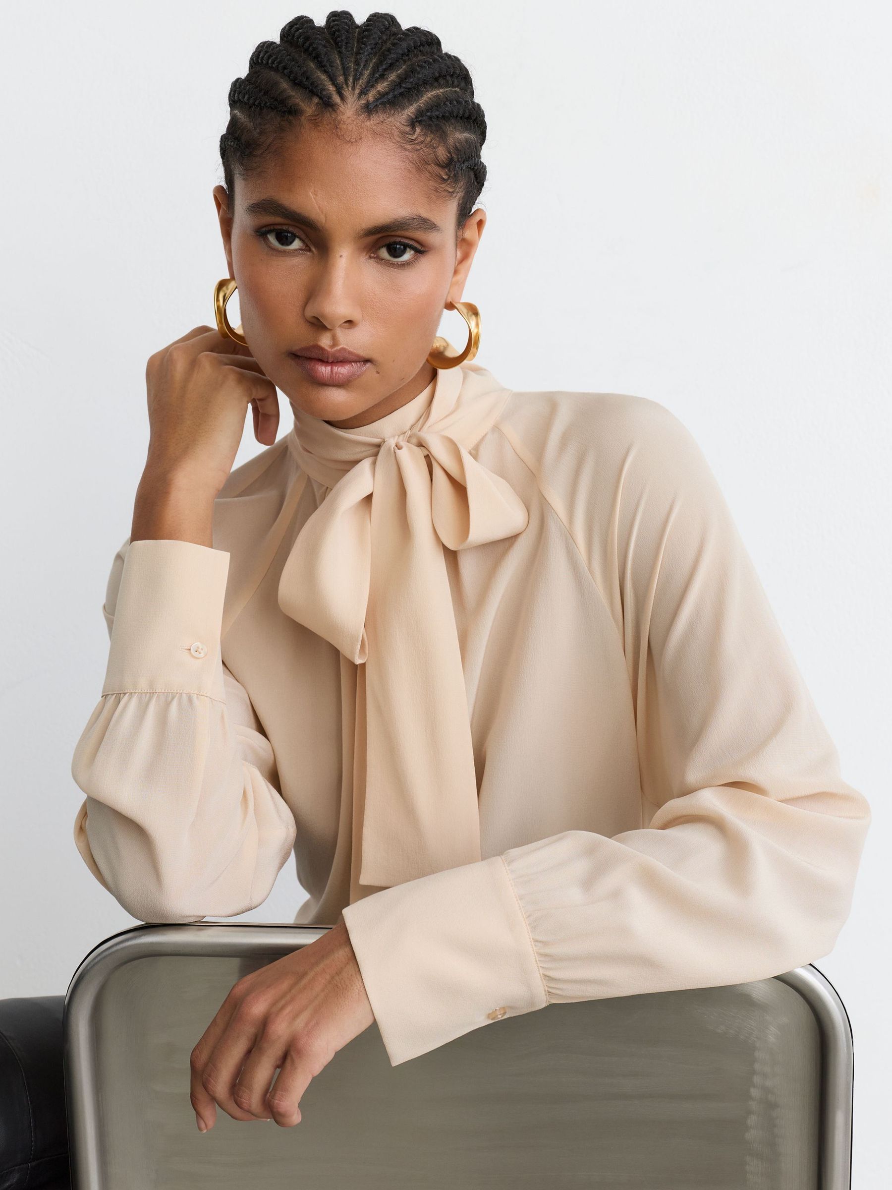 Silk Tie-Neck Long-Sleeve Blouse in Peach Orange - Image 4 of 8