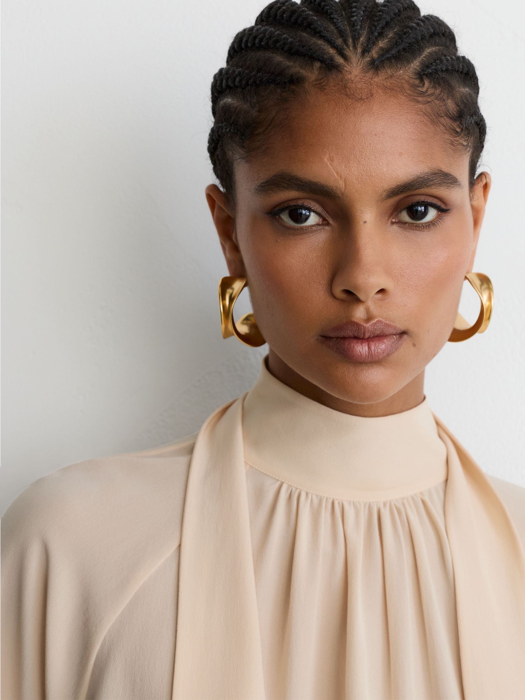Silk Tie-Neck Long-Sleeve Blouse in Peach Orange - Image 5 of 8