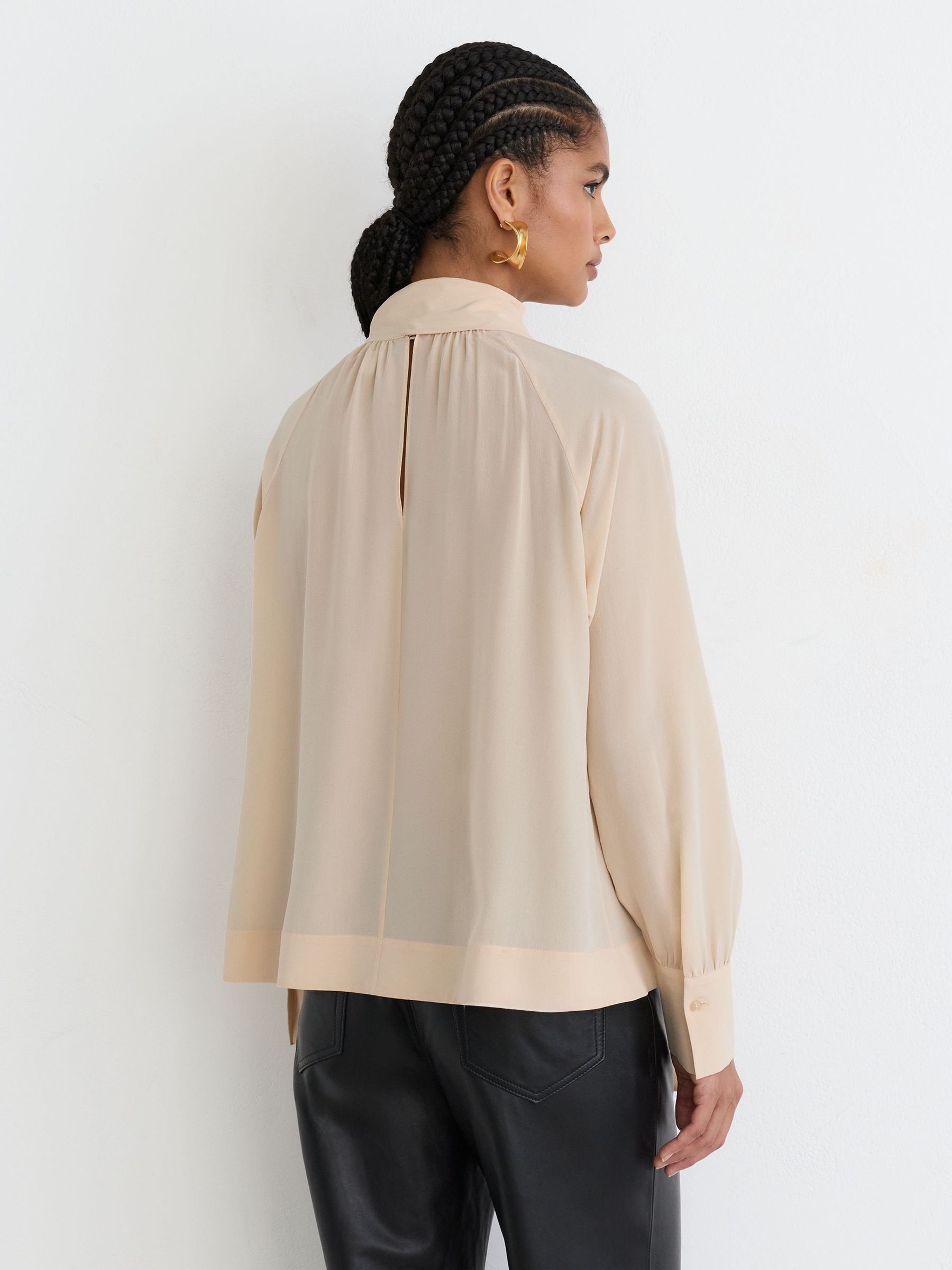 Silk Tie-Neck Long-Sleeve Blouse in Peach Orange - Image 7 of 8