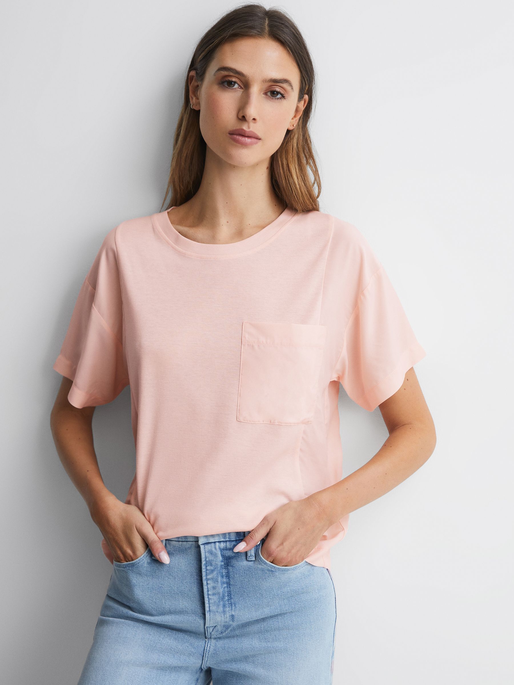 Cotton Blend Crew Neck T-Shirt in Pink - Image 1 of 4