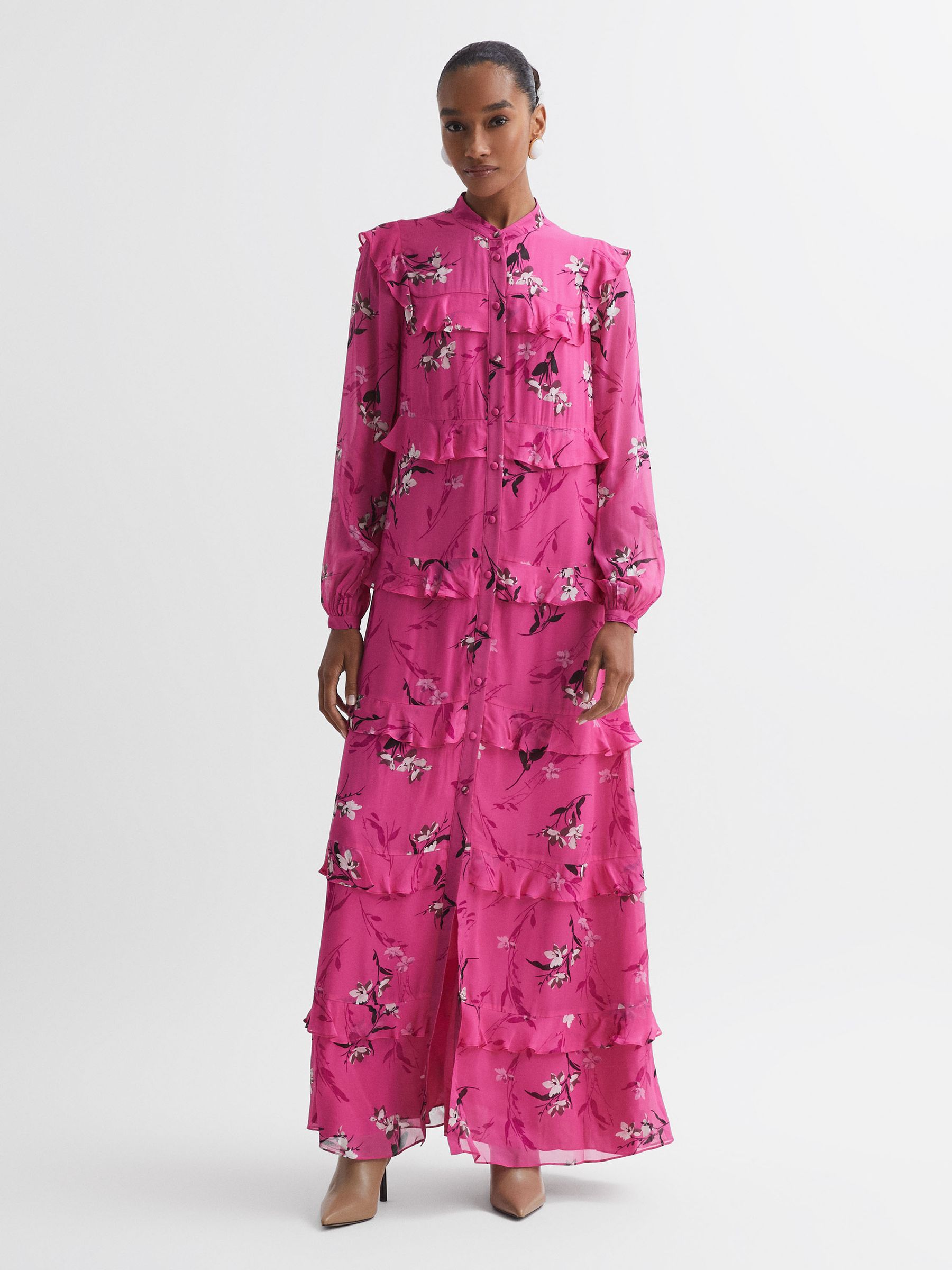 Florere Floral Tiered Maxi Dress in Bright Pink - Image 1 of 5
