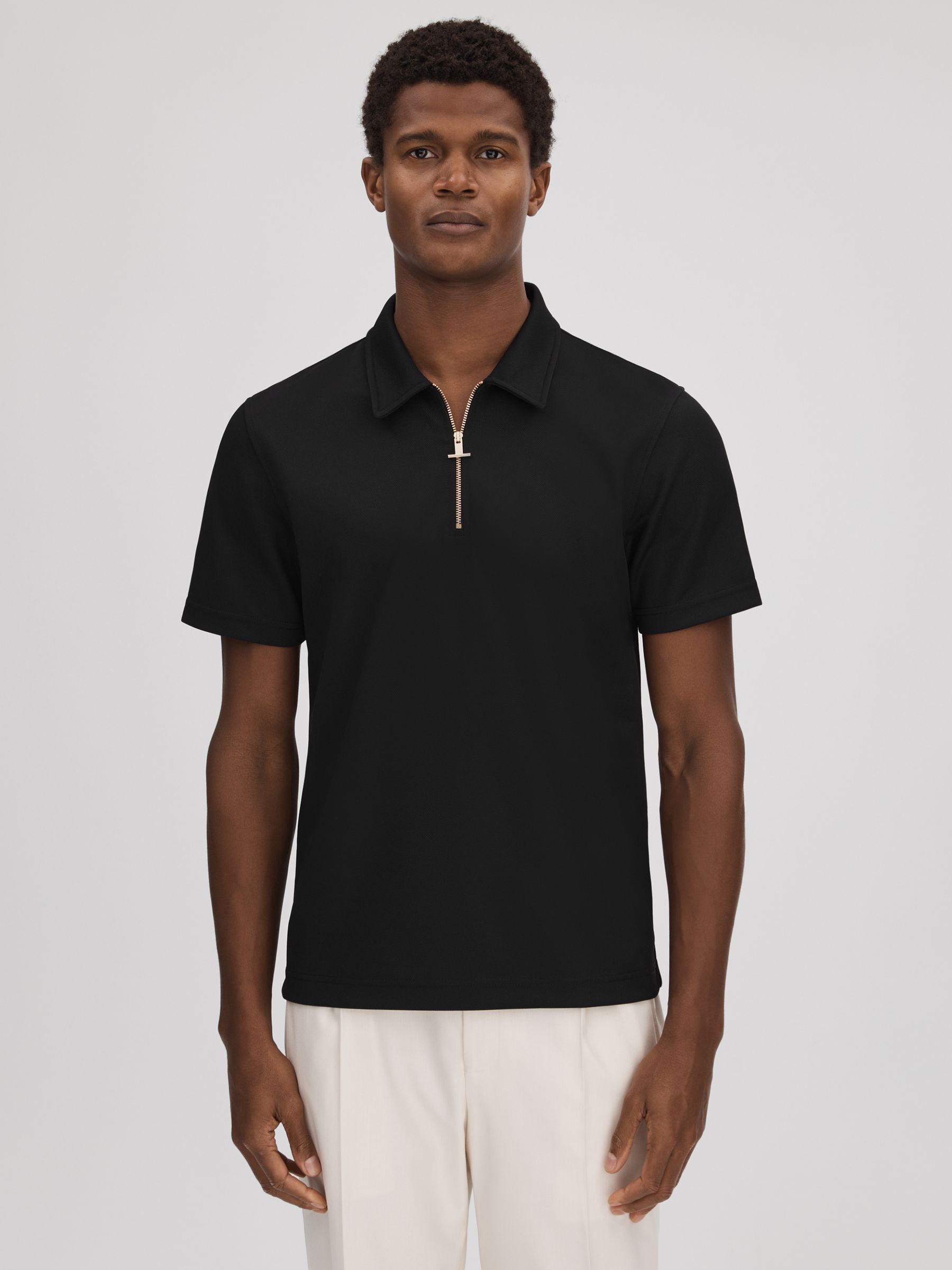 Slim Fit Half-Zip Polo Shirt in Black - Image 1 of 6