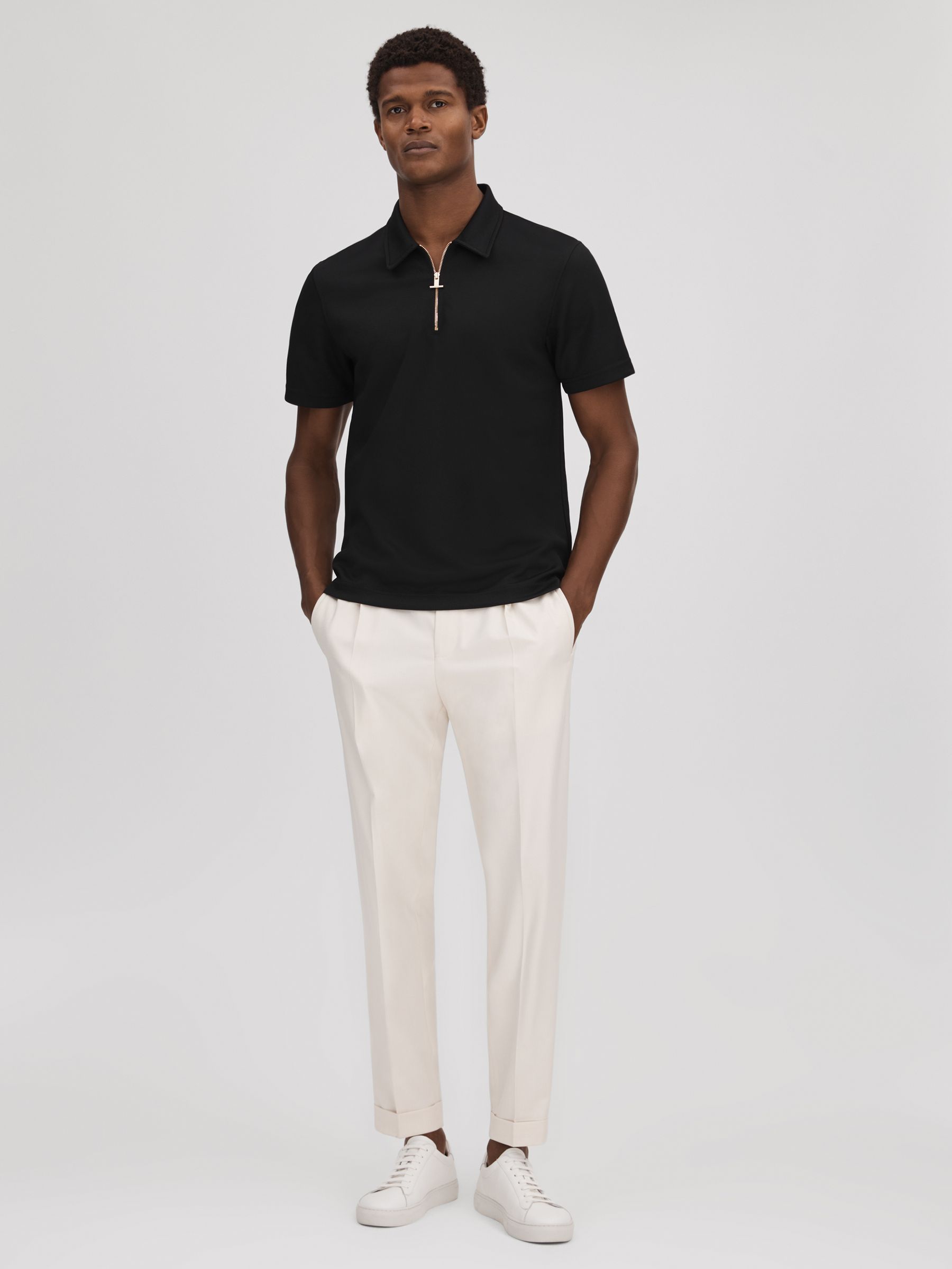 Slim Fit Half-Zip Polo Shirt in Black - Image 3 of 6
