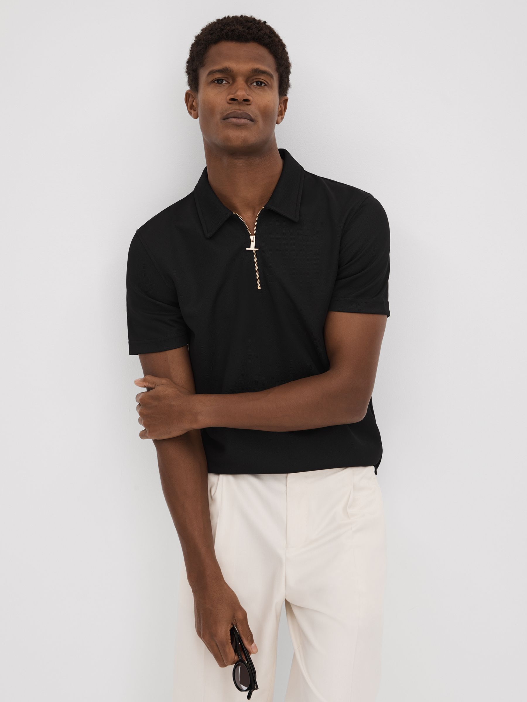 Slim Fit Half-Zip Polo Shirt in Black - Image 6 of 6