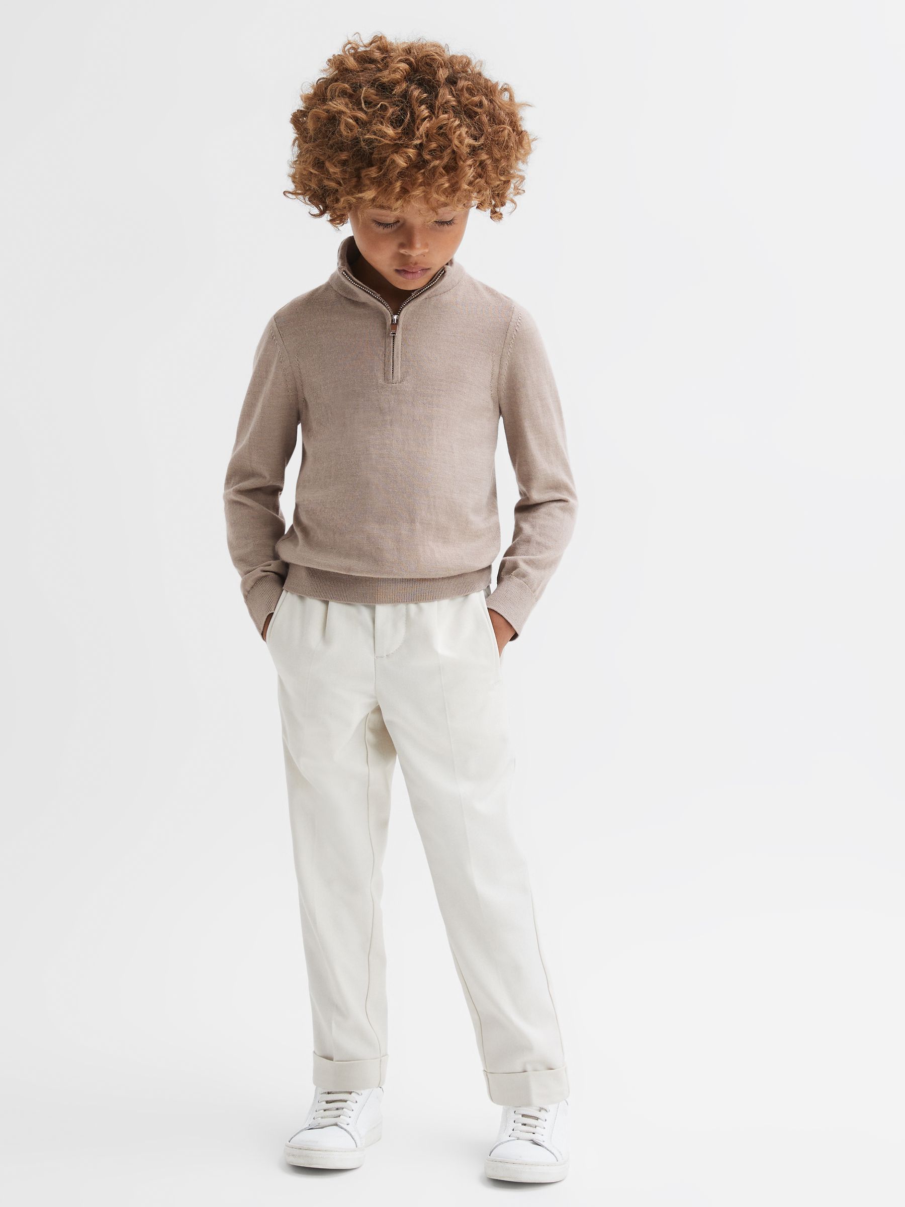 Senior Merino Wool Zip-Neck Jumper in Mink - Image 1 of 6