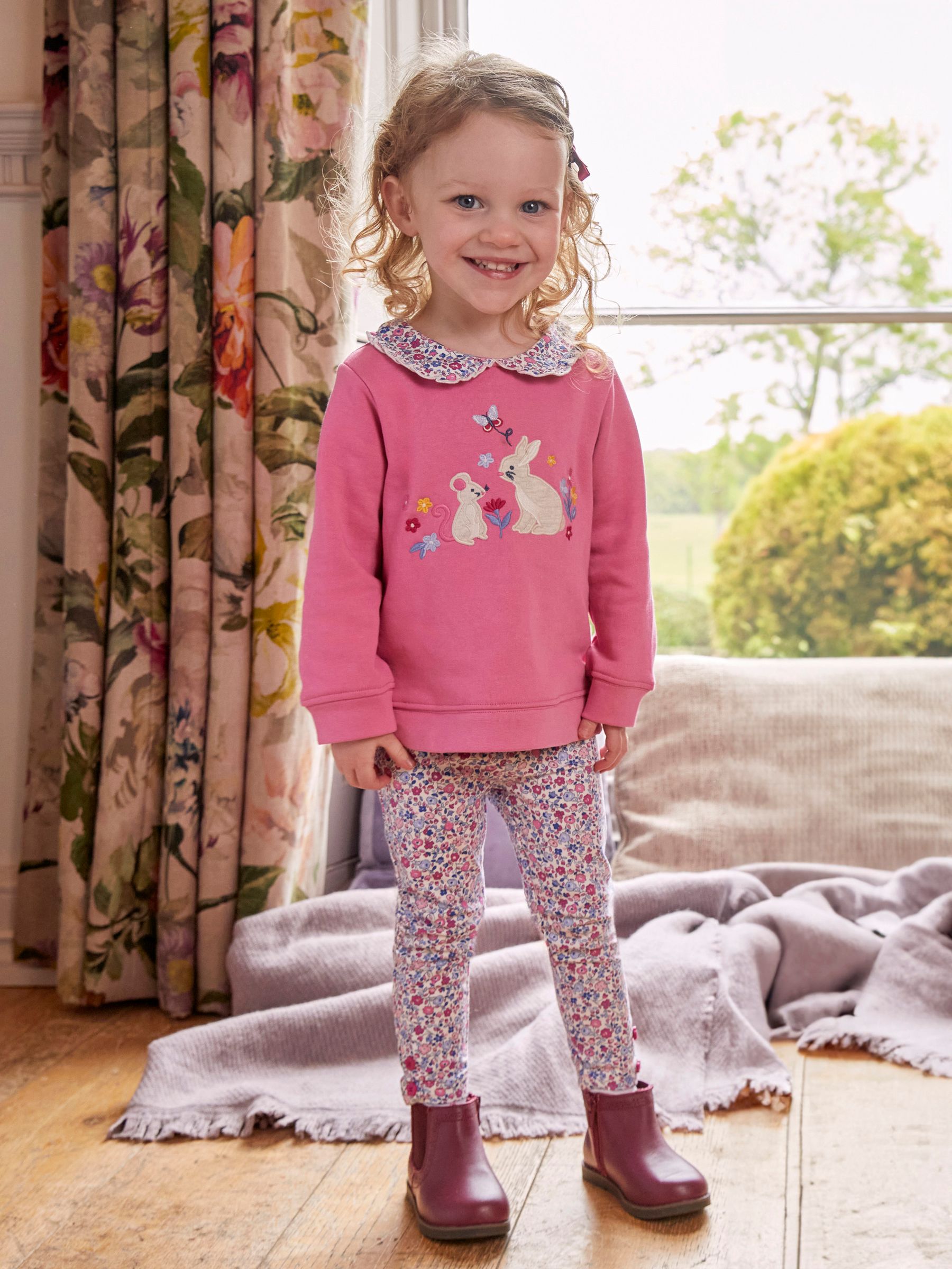 Pink Girls' Bunny & Mouse Appliqué Sweatshirt With Collar - Image 2 of 4