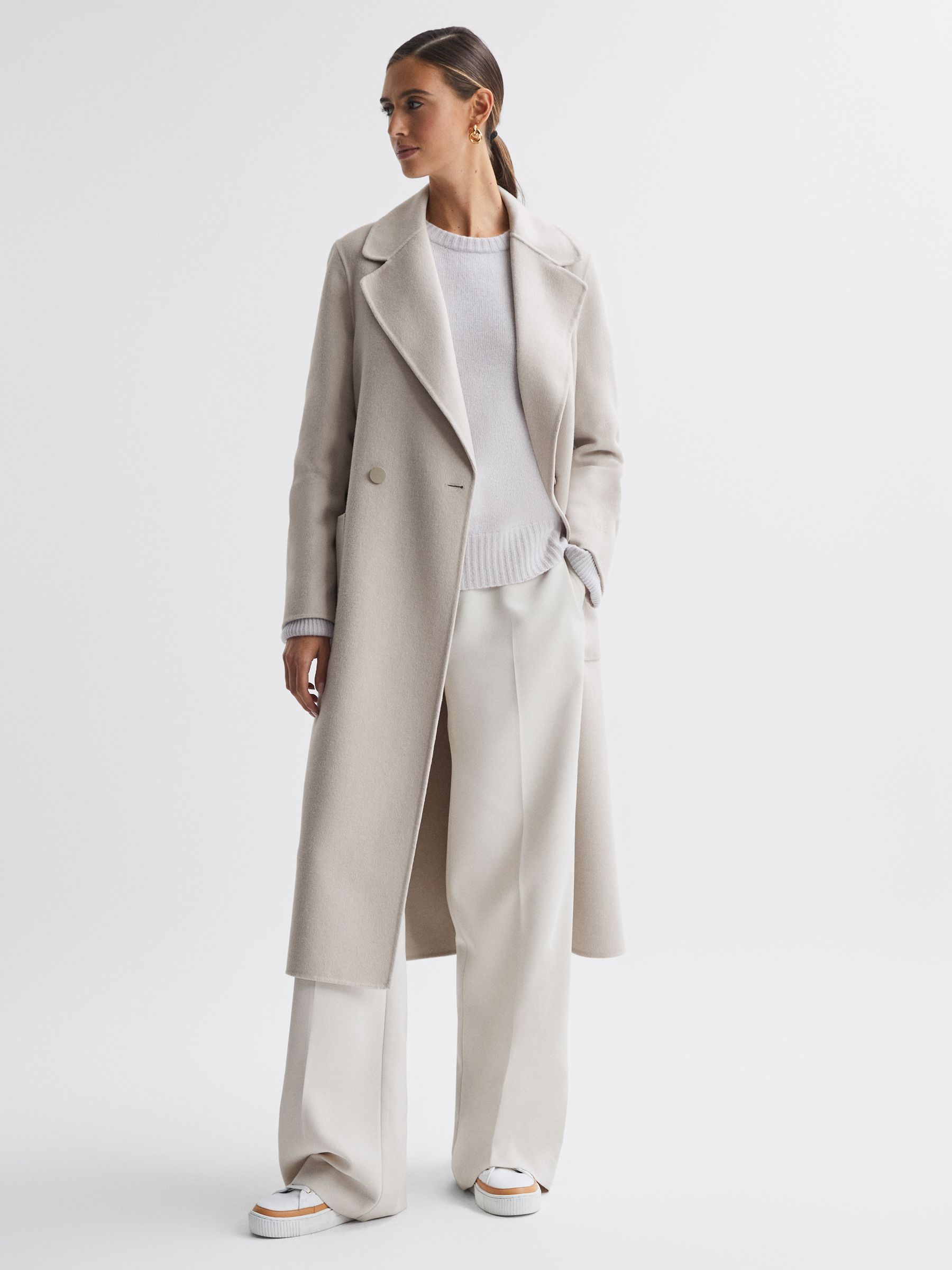 Long Wool Blend Blindseam Coat in Stone - Image 1 of 5