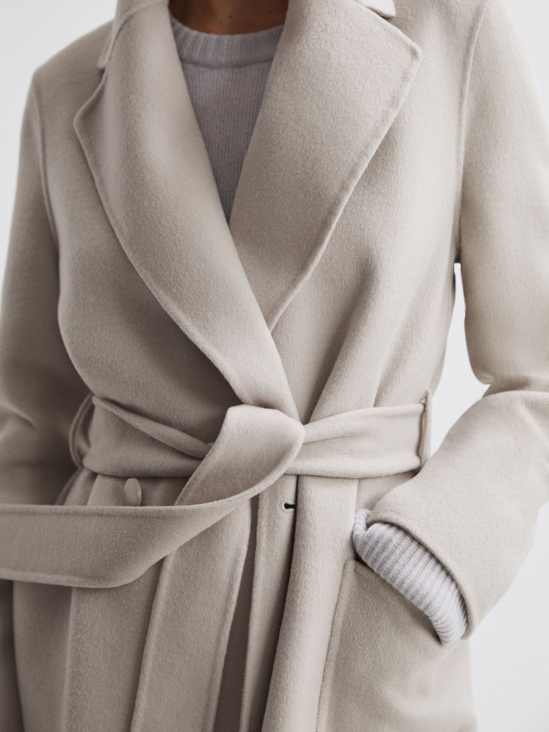 Long Wool Blend Blindseam Coat in Stone - Image 3 of 5