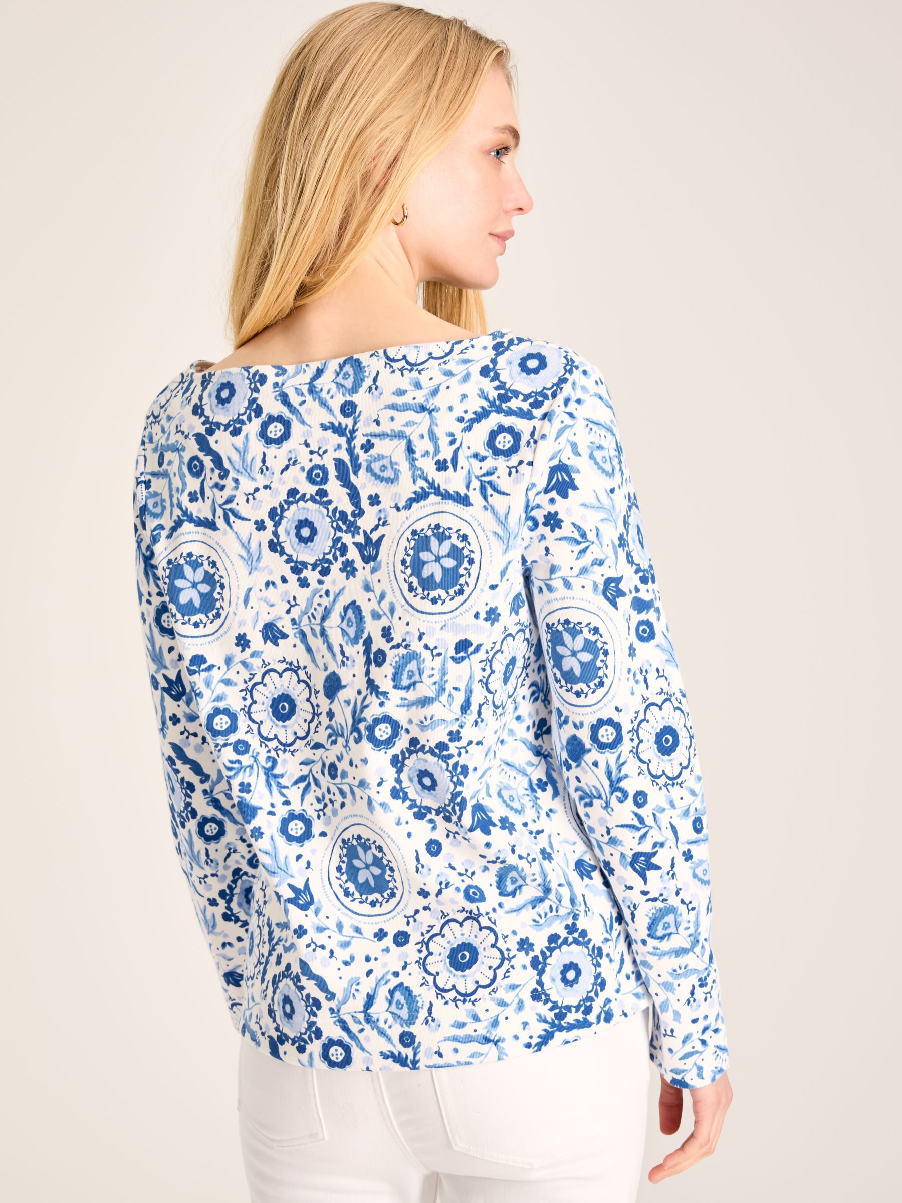 New Harbour White & Blue Floral Boat Neck Breton Top - Image 2 of 6